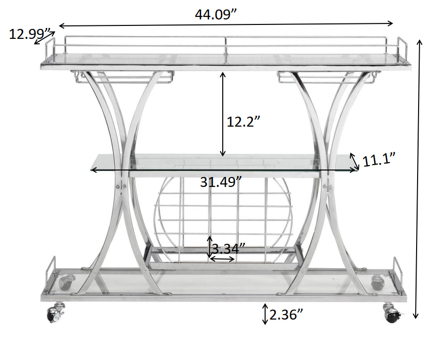 Contemporary Chrome Bar Cart with Wine Rack Silver Modern Glass Metal Frame Wine Storage