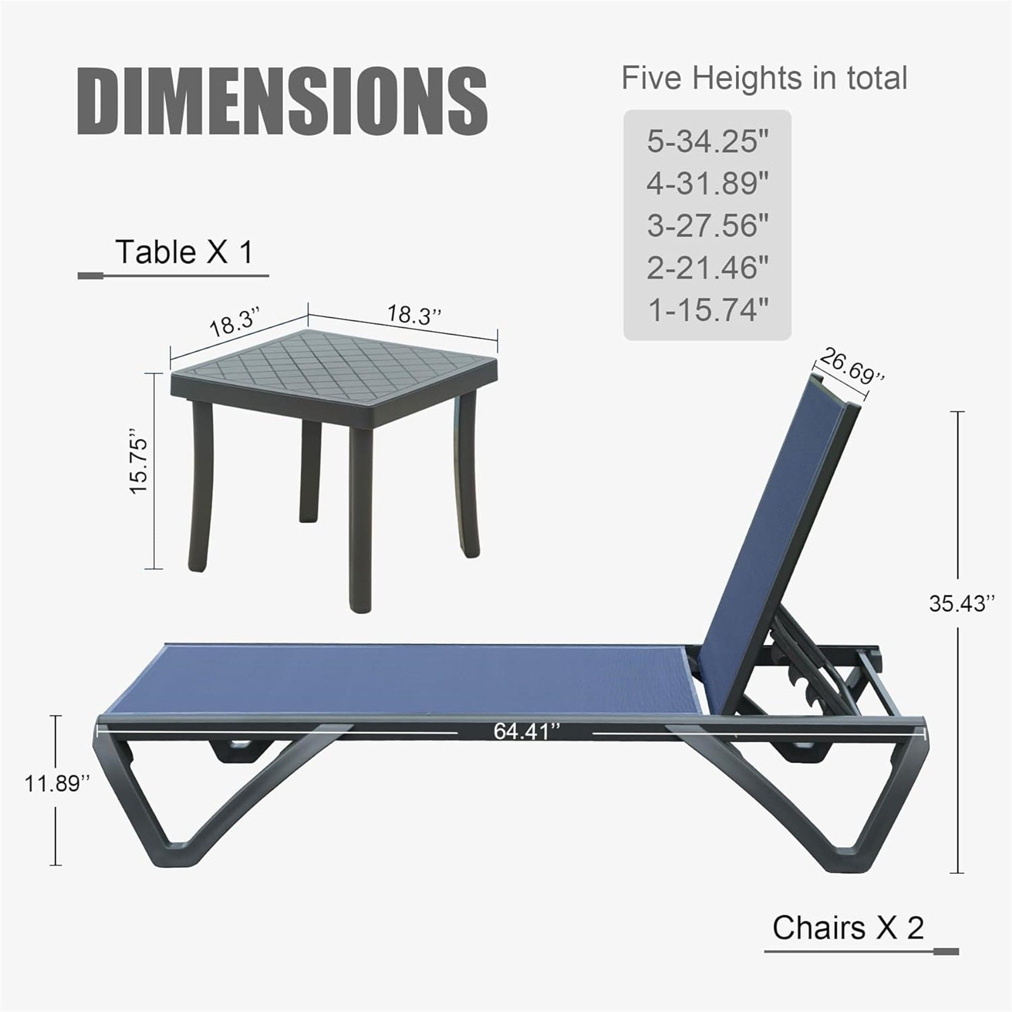 Outdoor Lounge Chair, Aluminum Plastic Patio Chaise Lounge with Side Table & 5 Position Adjustable Backrest & Wheels, All Weather Reclining Chair for Outside Beach Poolside Lawn, Navy Blue