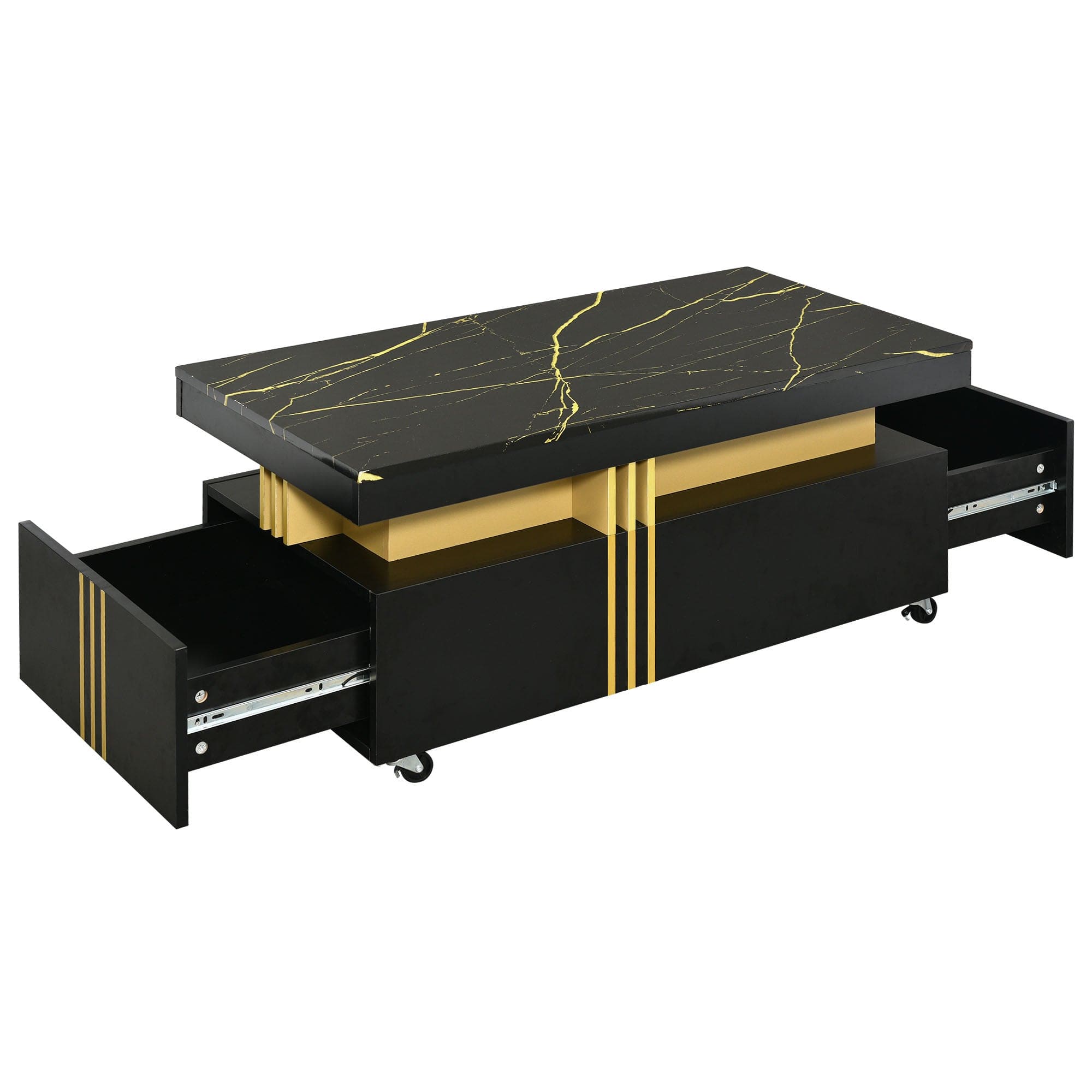 ON-TREND Contemporary Coffee Table with Faux Marble Top, Rectangle Cocktail Table with Caster Wheels, Moderate Luxury Center Table with Gold Metal Bars for Living Room, Black