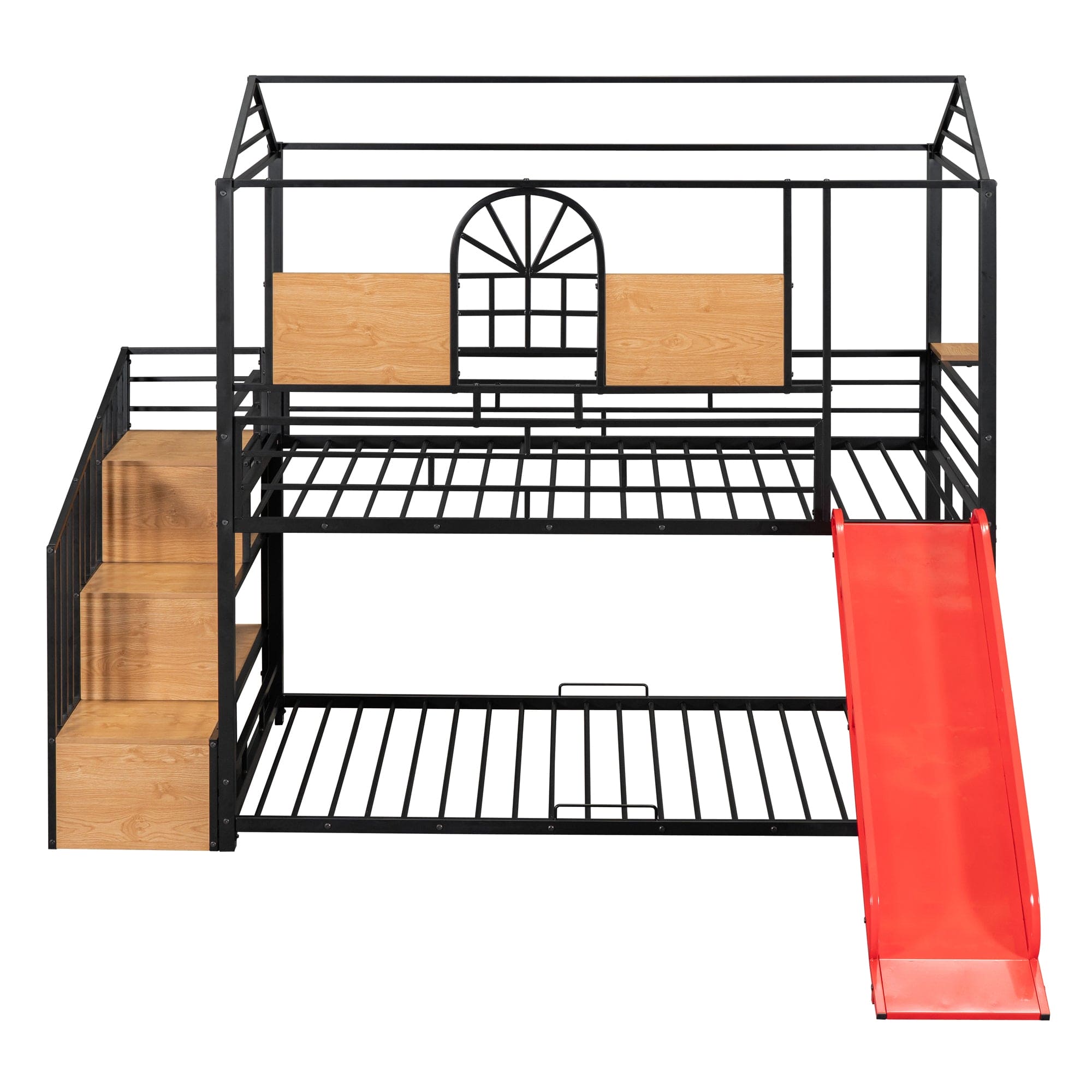 Twin Over Twin Metal Bunk Bed, Metal Housebed with Slide and Storage Stair, Black with Red Slide