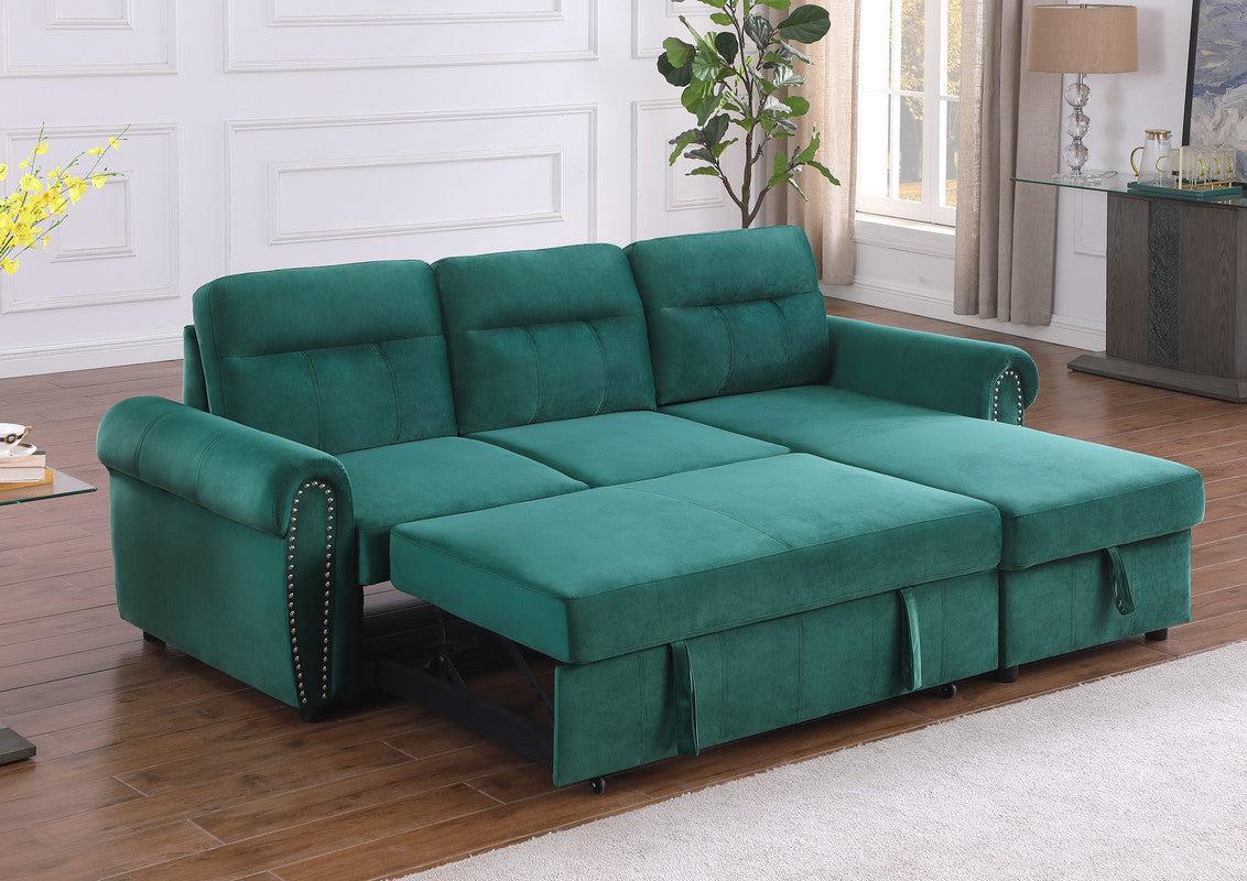 Ashton Green Velvet Fabric Reversible Sleeper Sectional Sofa Chaise