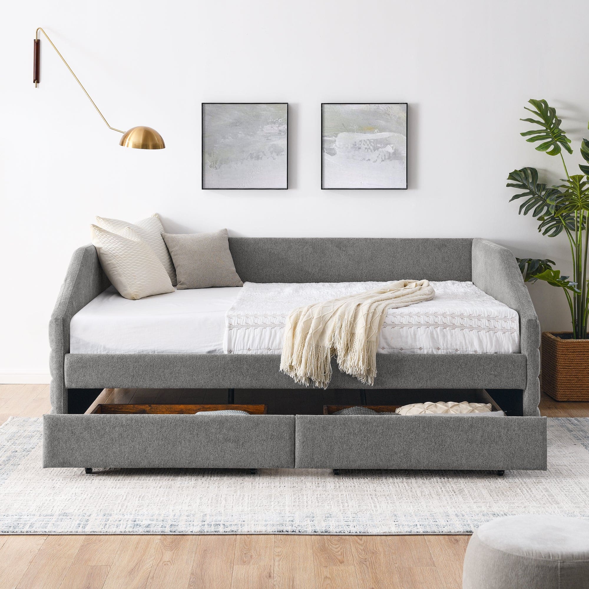 Queen Size Daybed with Two Drawers Trundle Upholstered Tufted Sofa Bed, Linen Fabric, Grey (88"x64.5"x34")