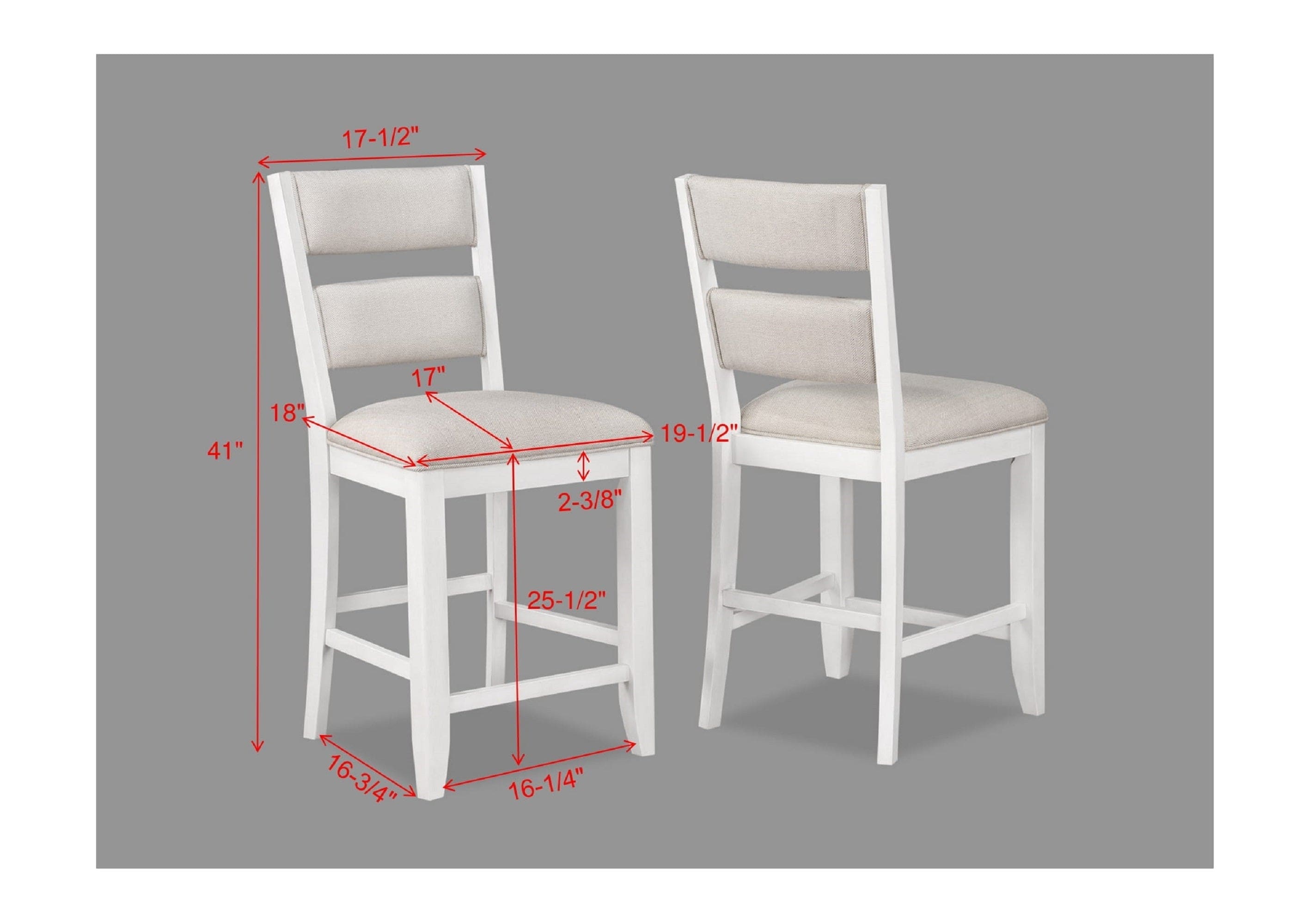 2pc Set White Farmhouse Style Ladder Back Counter Height Side Chair Stool Cream Color Upholstered Seat and Back Dining Room Wooden Furniture