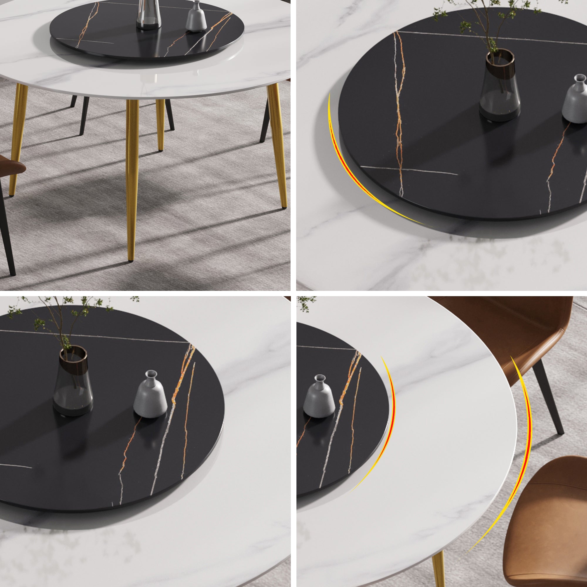 59.05"Modern artificial stone round golden metal dining table-can accommodate 6 people-31.5"black artificial stone turntable