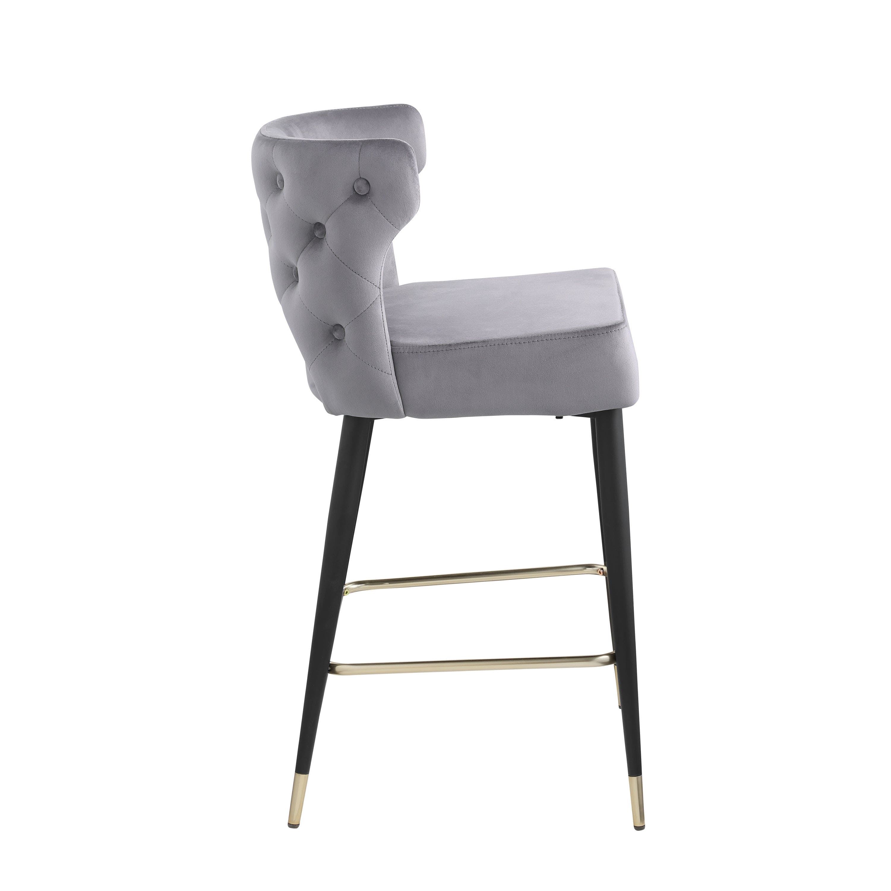 Woker Furniture Contemporary Velvet Upholstered Counter Height Stool with Gold Tipped, Black Metal Legs, 22" W x 19" D x 38.5" H, Gray