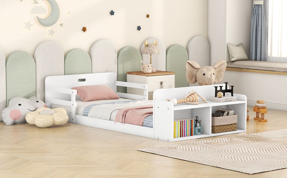 Twin Size Floor Bed with Storage Footboard and Guardrail, White