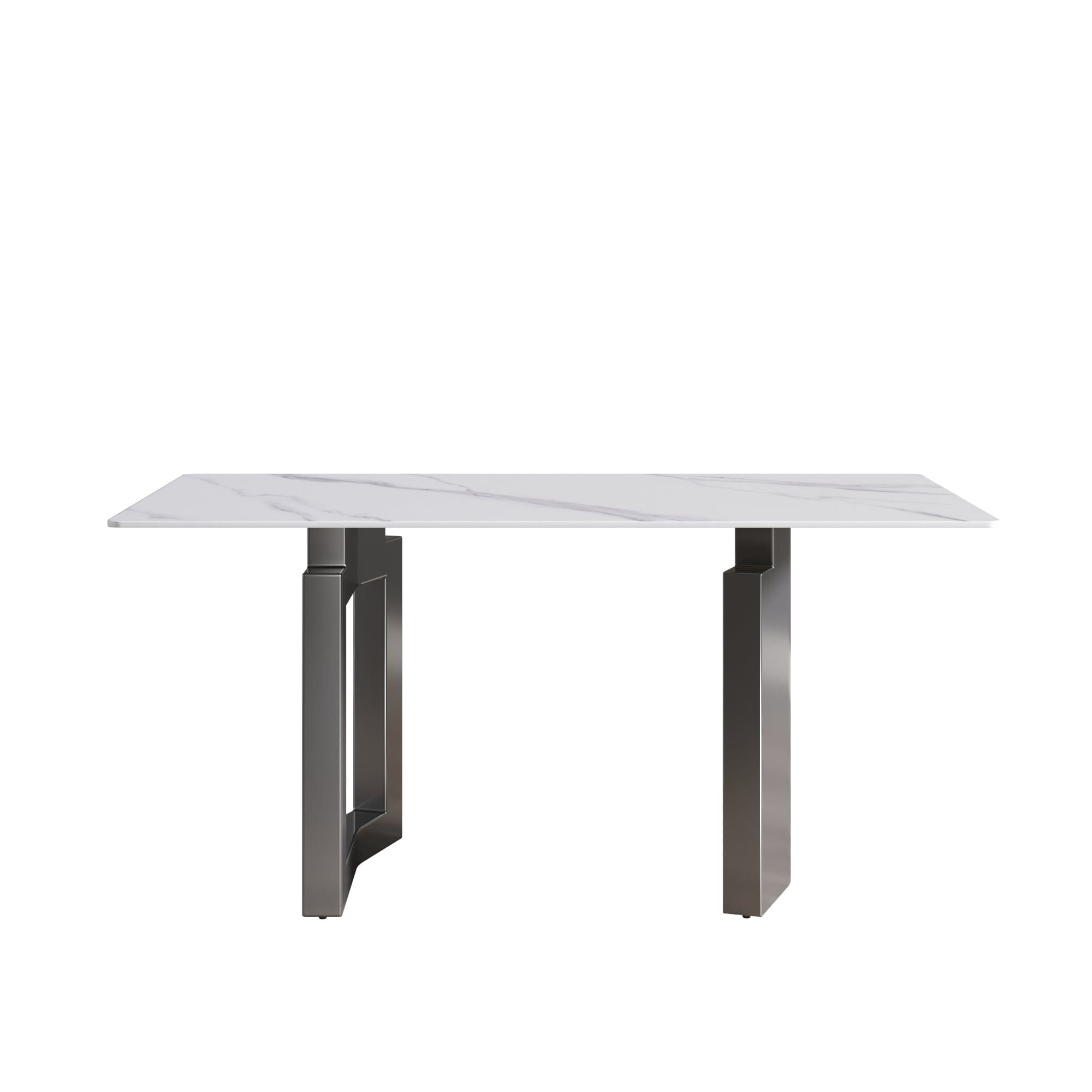 63"Modern artificial stone white straight edge black metal leg dining table -6 people