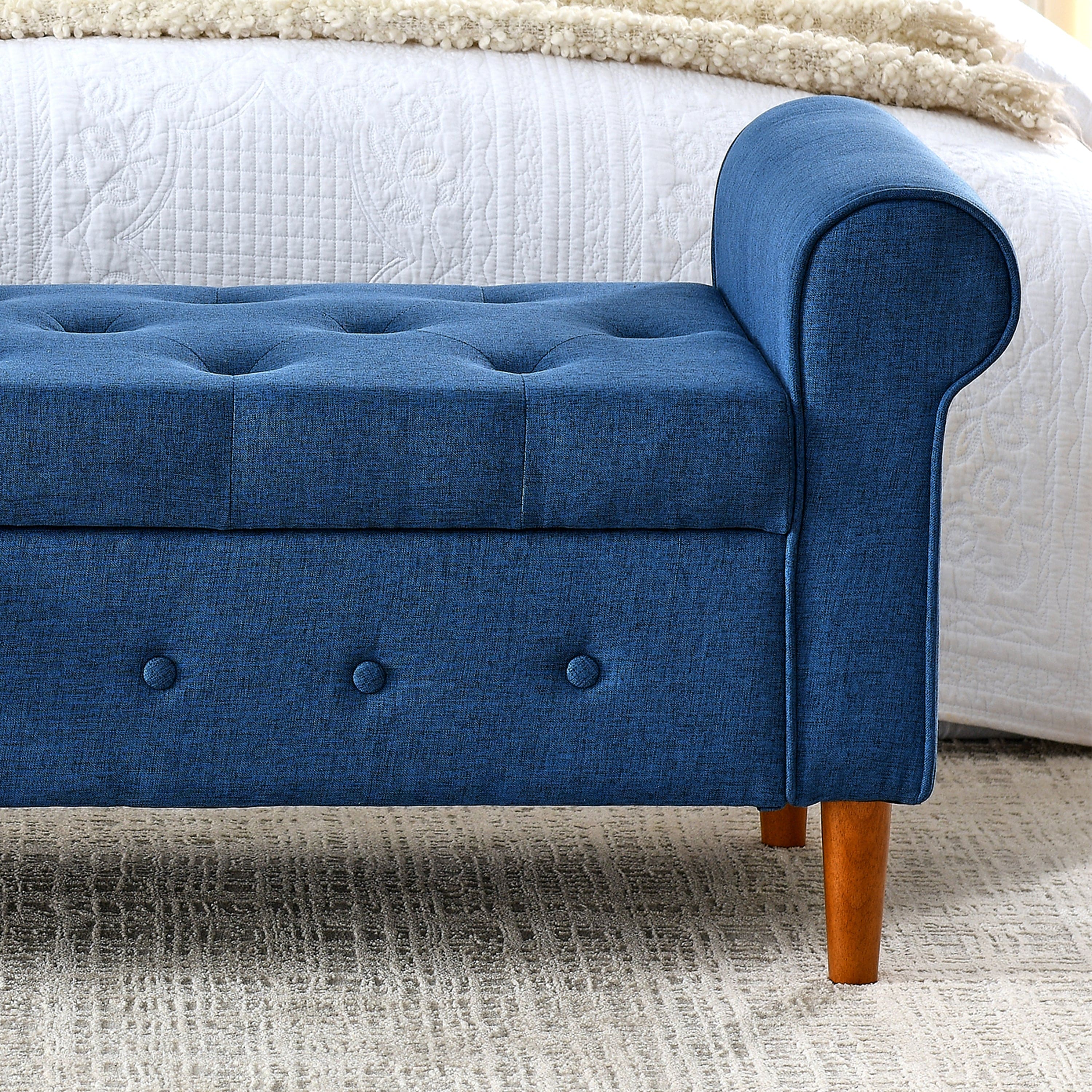 62" Bedroom Tufted Button Storage Bench, Linen Upholstered Ottoman, Window Bench, Rolled Arm Design for Bedroom, Living Room, Foyer (Blue)