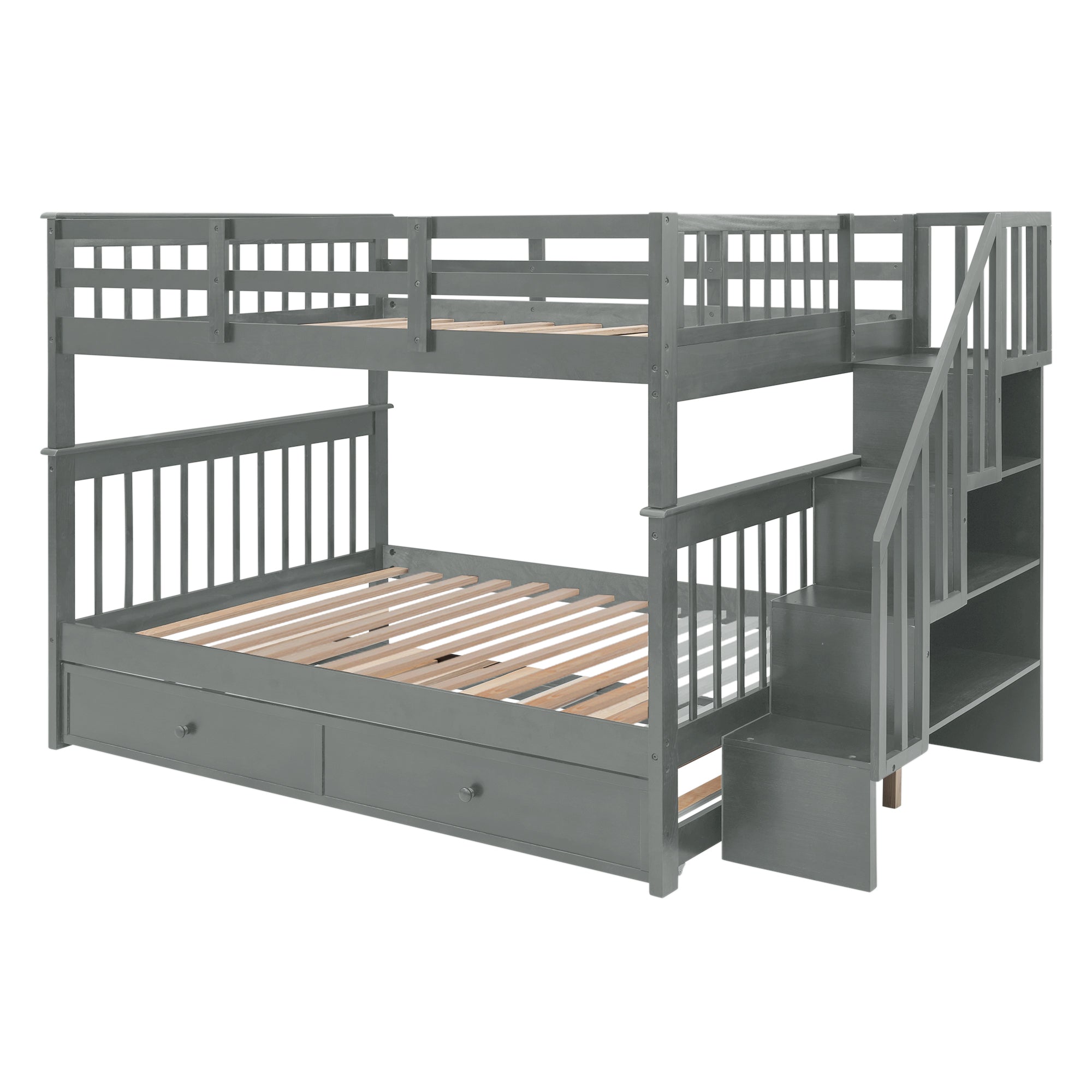 Stairway Full-Over-Full Bunk Bed with Twin size Trundle, Storage and Guard Rail for Bedroom, Dorm - Gray(OLD SKU :LP001210AAE)