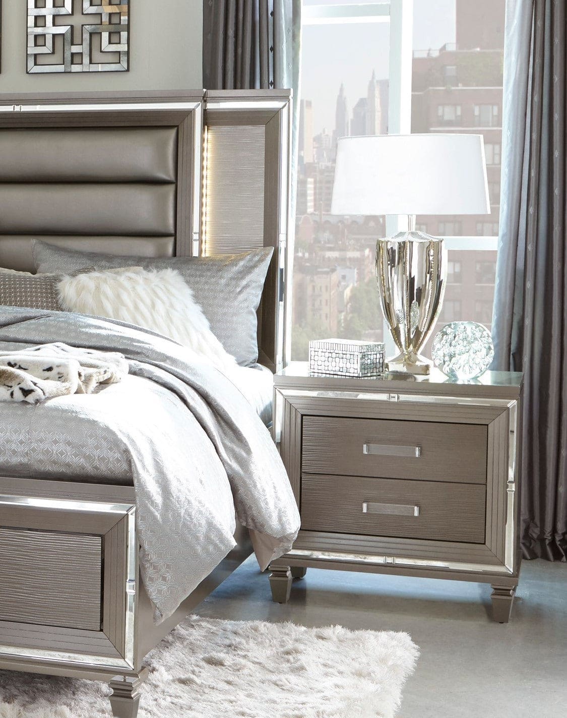 Elegant Style Silver-Gray Metallic Finish Nightstand Beveled Mirror Trim Dovetail Drawers Wooden Furniture