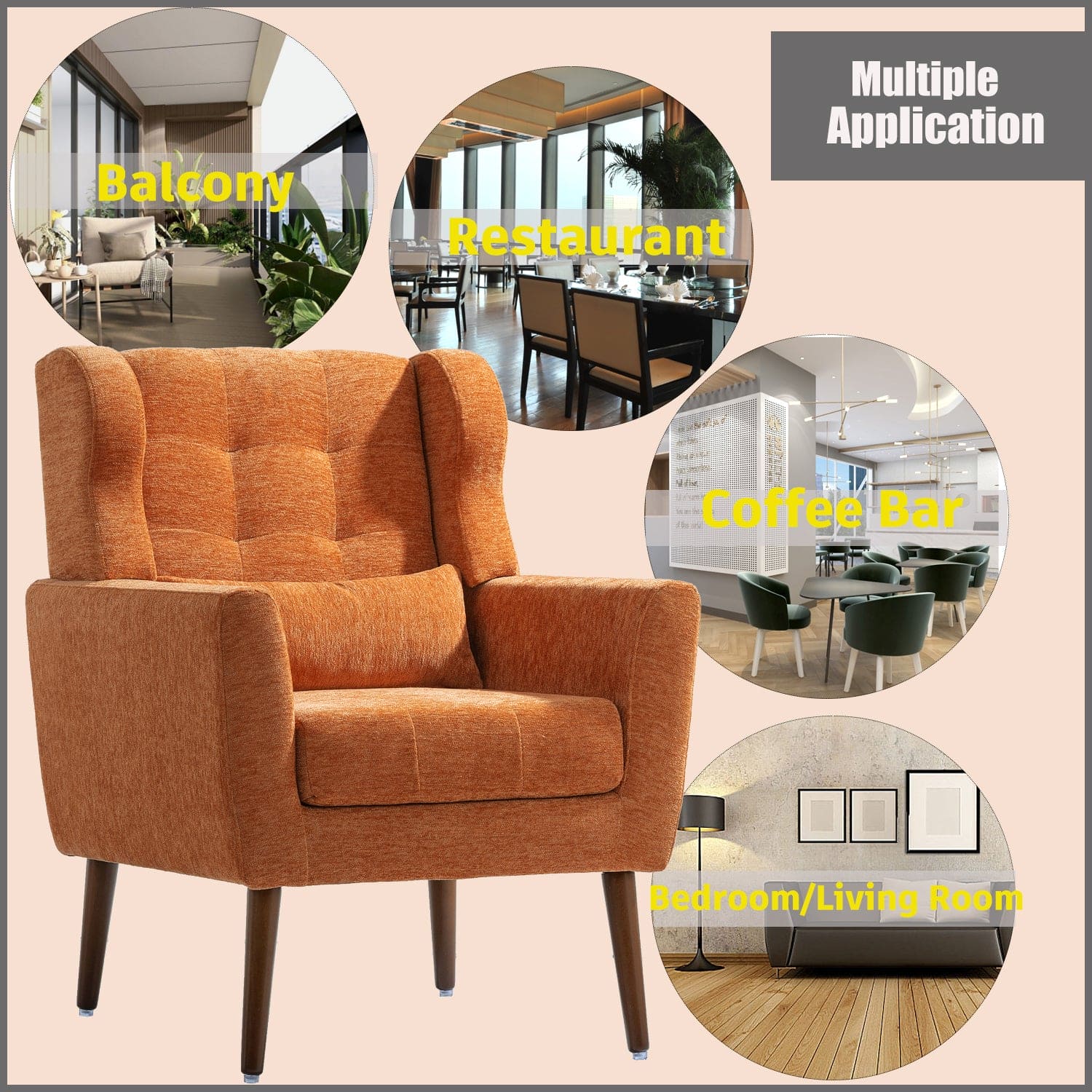 Modern Accent Chair Upholstered Foam Filled Living Room Chairs Comfy Reading Chair Mid Century Modern Chair with Chenille Fabric Lounge Arm Chairs Armchair for Living Room Bedroom (Orange)