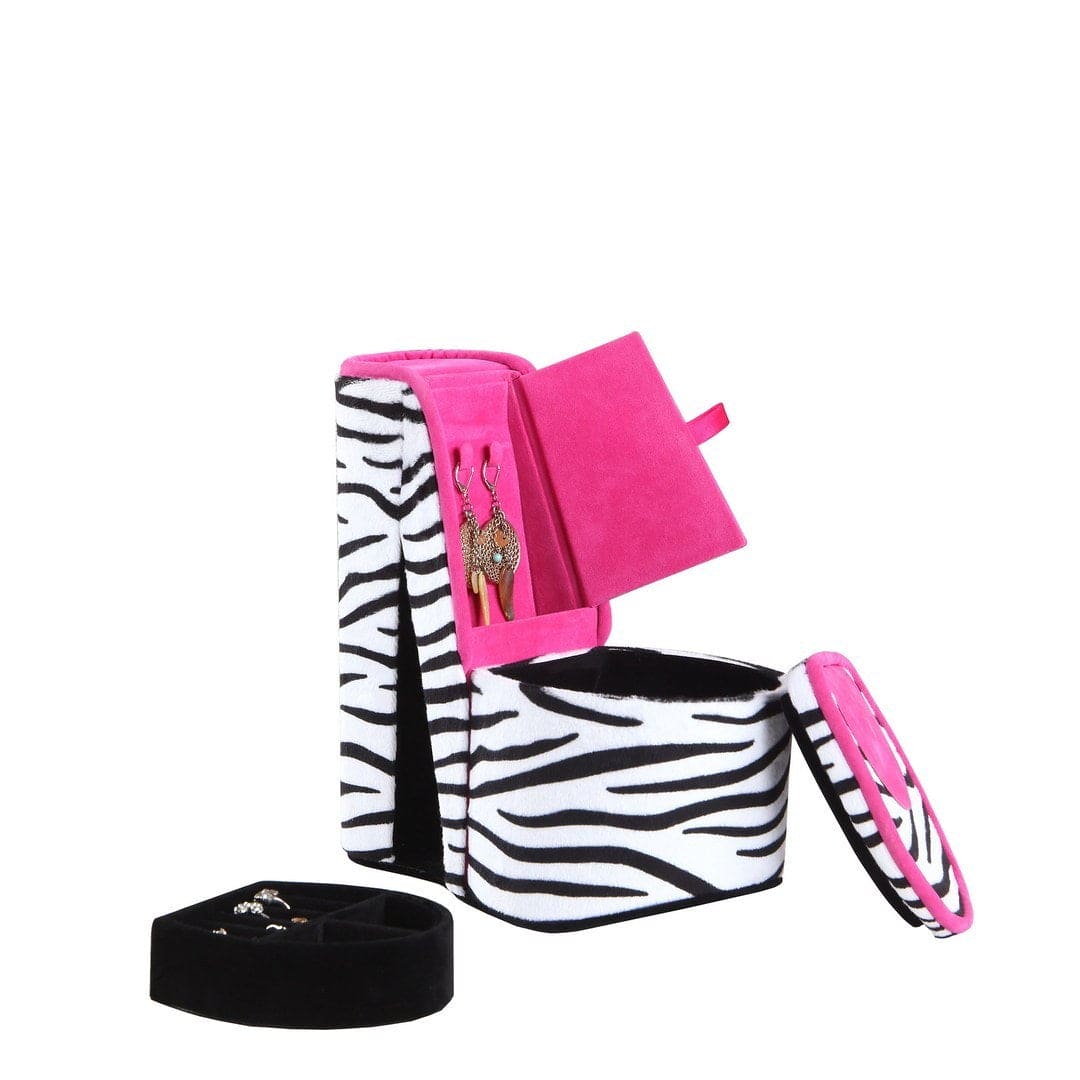 9" Tall Display Jewelry Box with Hidden Storage, High Heel Shoe Design, Zebra Print