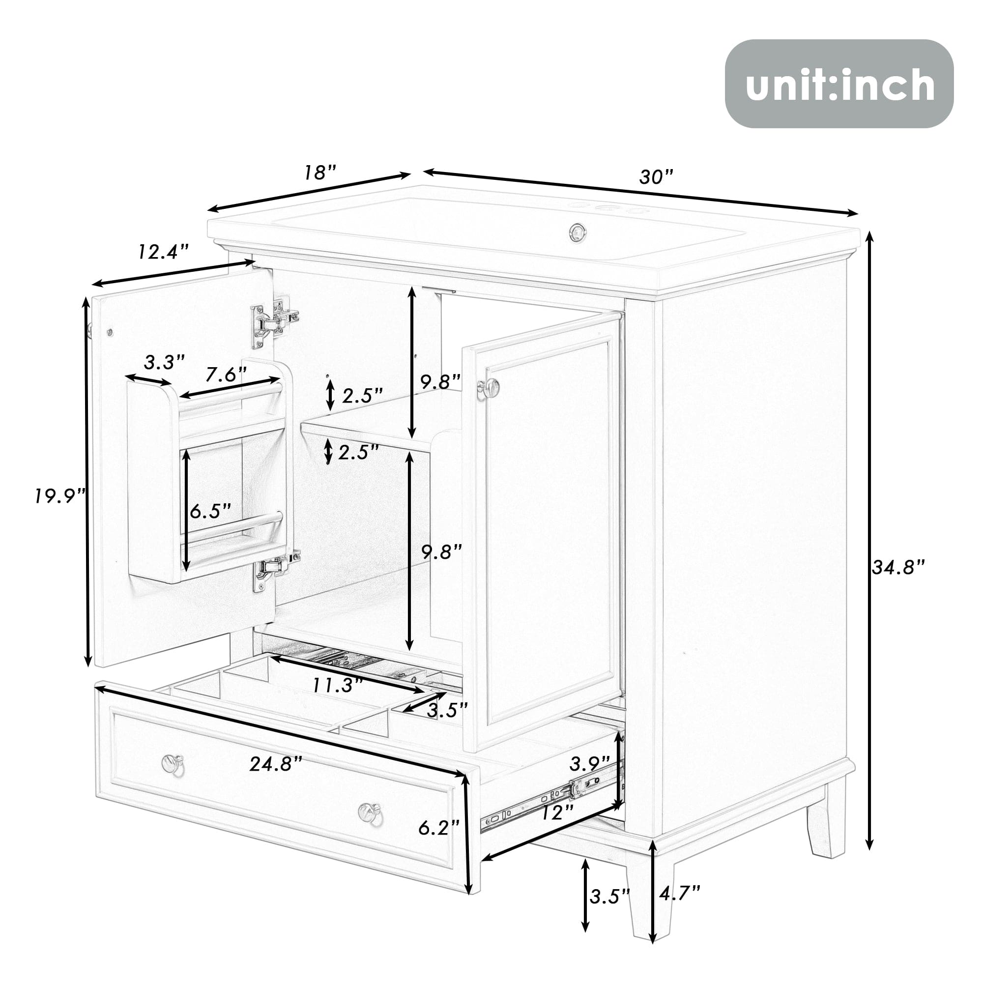 30" Bathroom Vanity with Sink Combo, Multi-functional Bathroom Cabinet with Doors and Drawer, Solid Frame and MDF Board, White