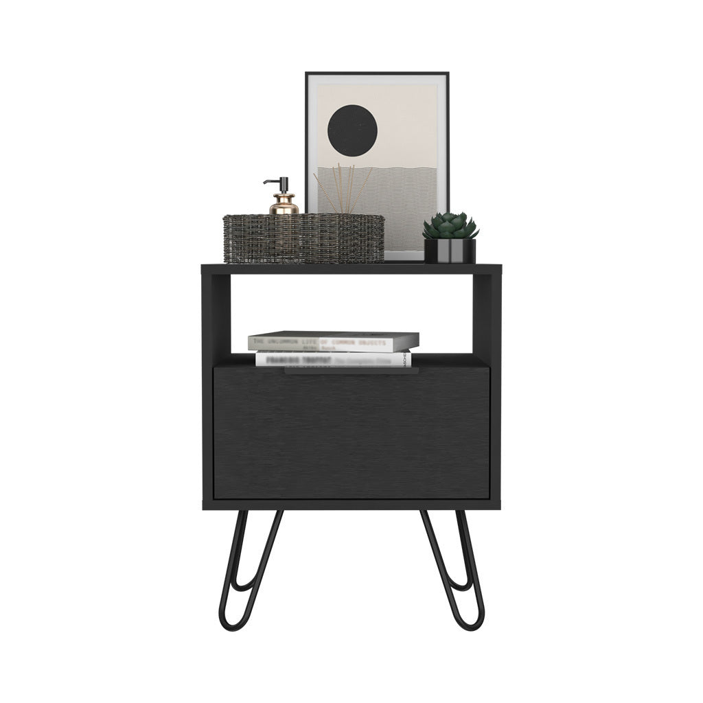 Nightstand Skyoner, Single Drawer, Hairpin Legs, Black Wengue Finish