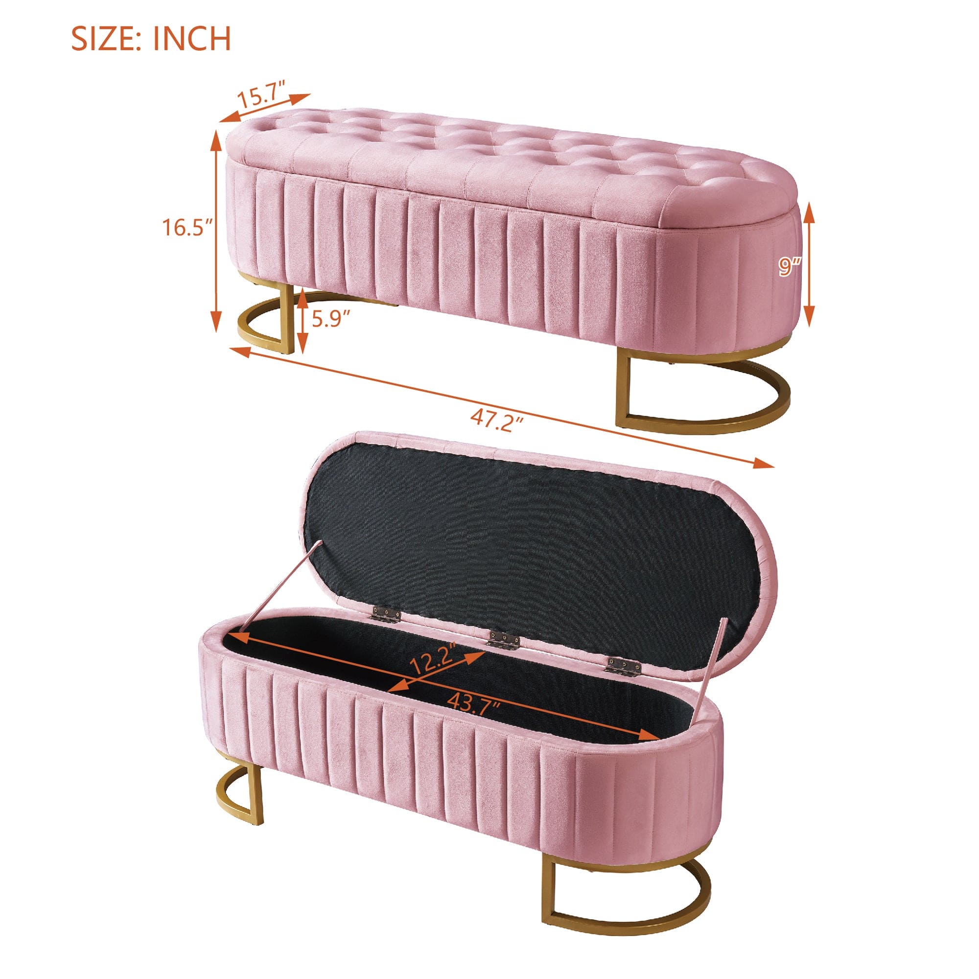 Elegant Upholstered Velvet Storage Ottoman with Button-Tufted,Storage Bench with Metal Legs for Bedroom,Living Room,Fully Assembled Except Legs,Pink