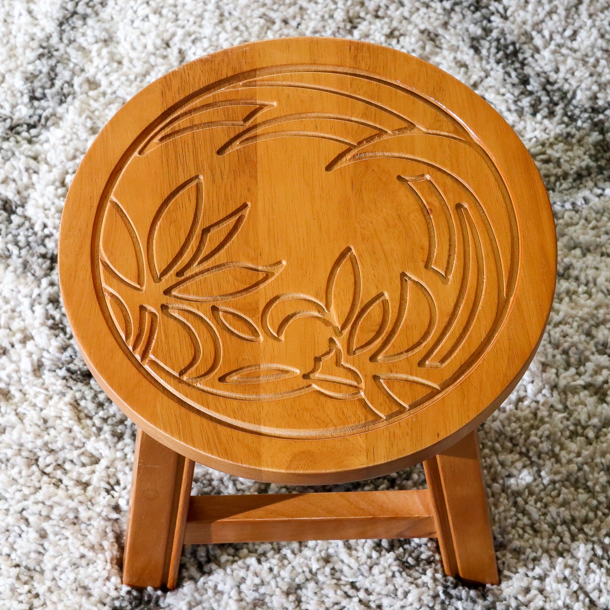 Carved Wooden Step Stool, Floral, Natural