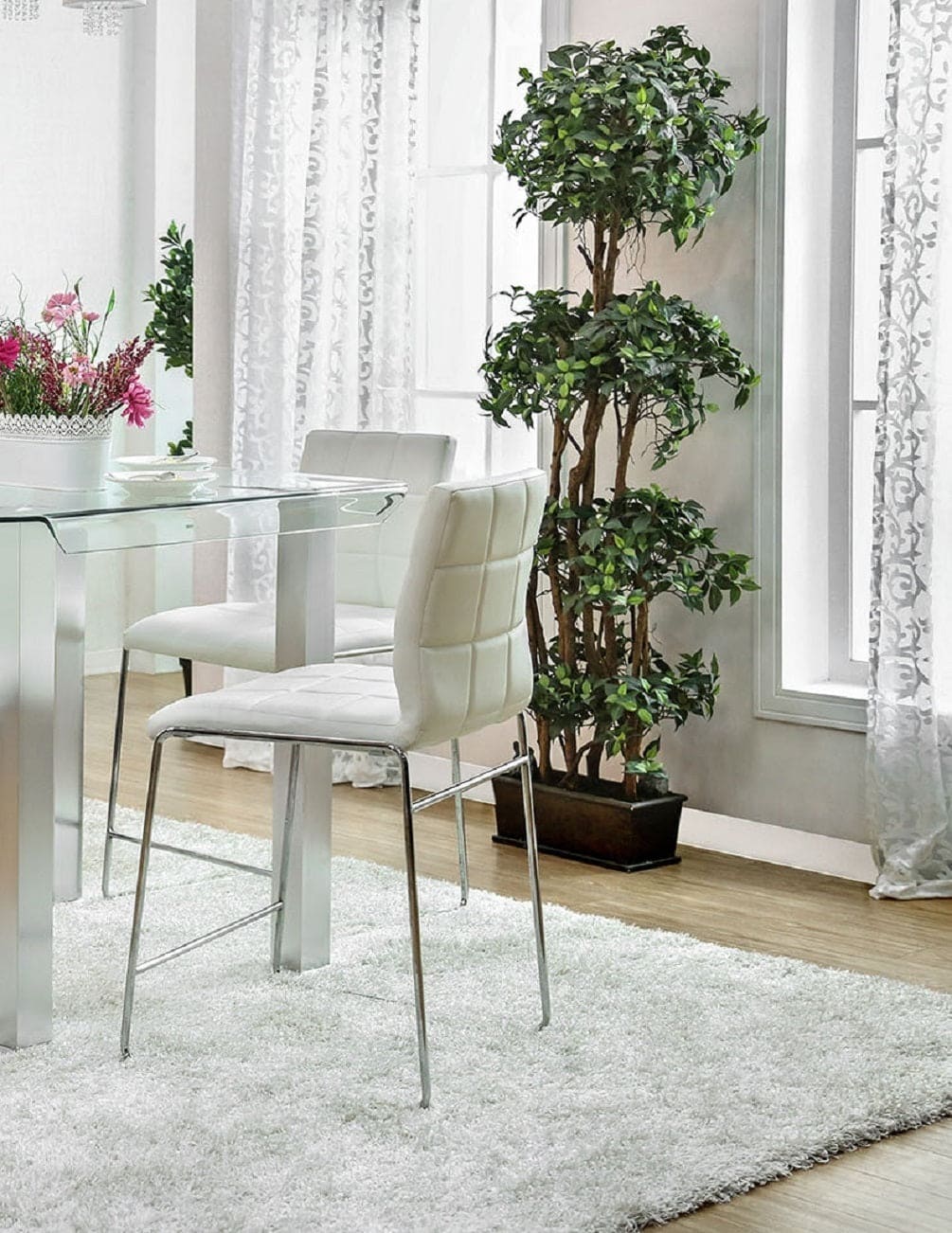 White Color Leatherette 2pcs Counter Height Dining Chairs Chrome Metal Legs Dining Room Counter Height Chairs