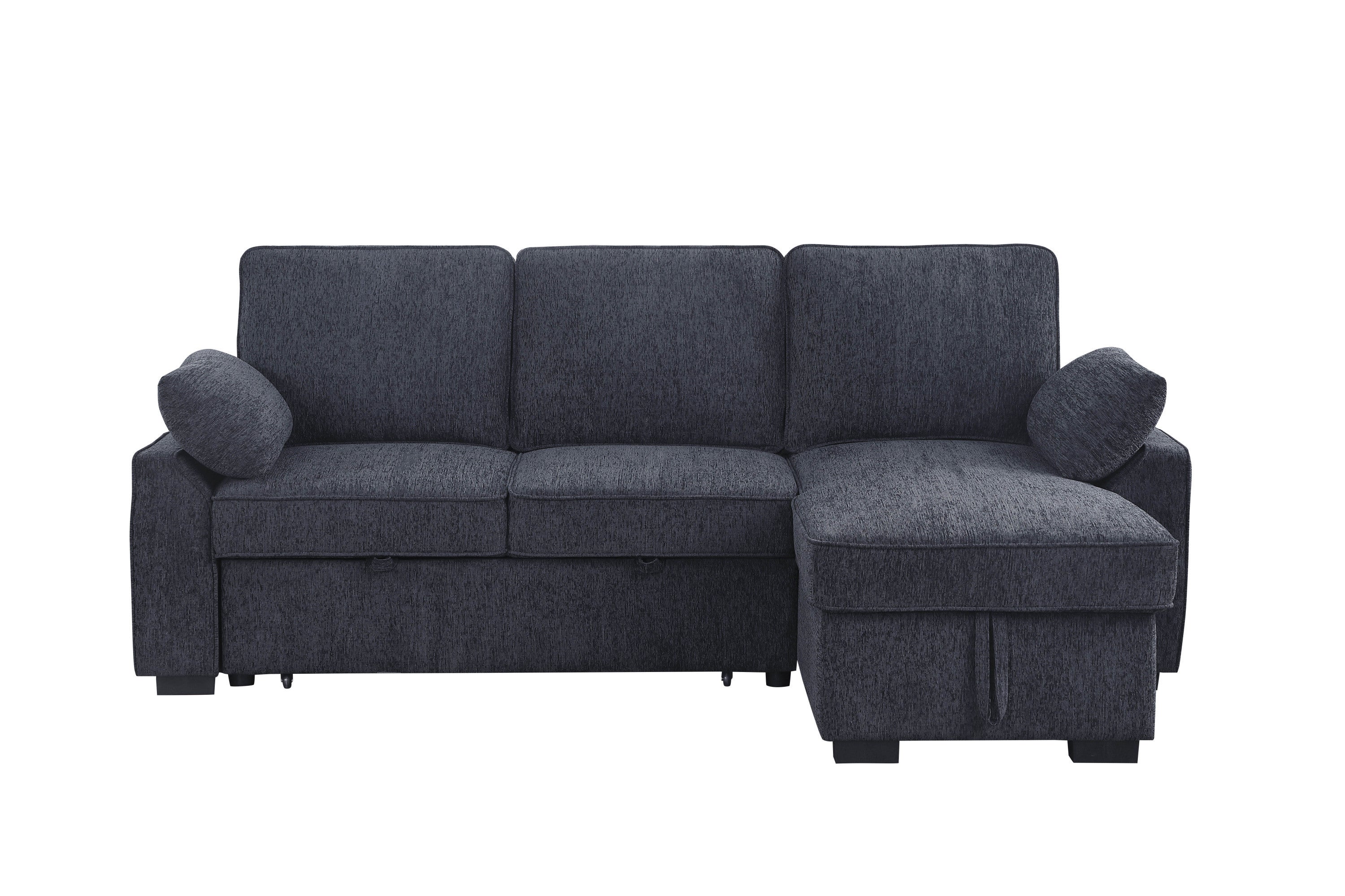 Mackenzie Dark Gray Chenille Fabric Reversible Sleeper Sectional with Storage Chaise, Drop-Down Table, Cup Holders and Charging Ports