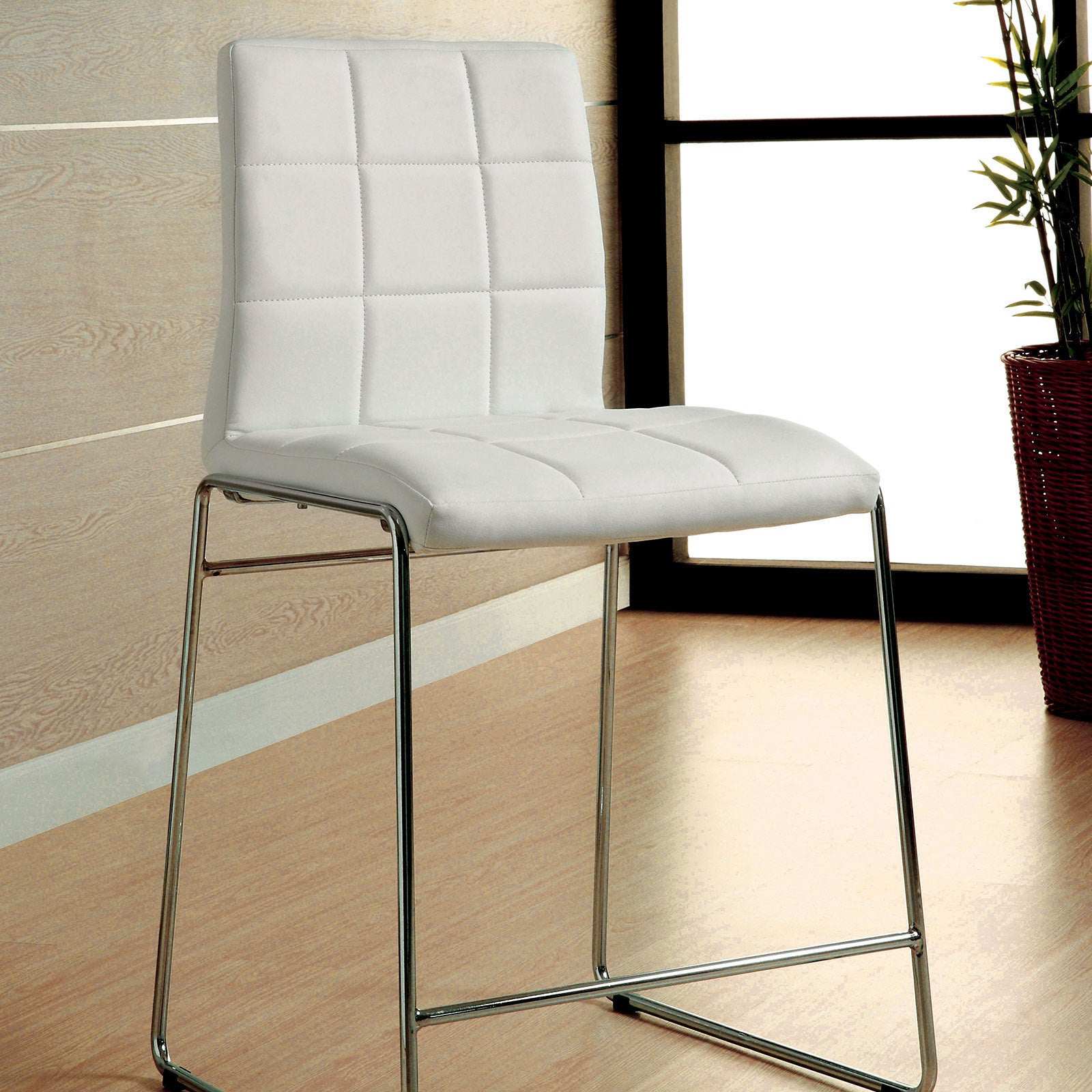 White Color Leatherette 2pcs Counter Height Dining Chairs Chrome Metal Legs Dining Room Counter Height Chairs