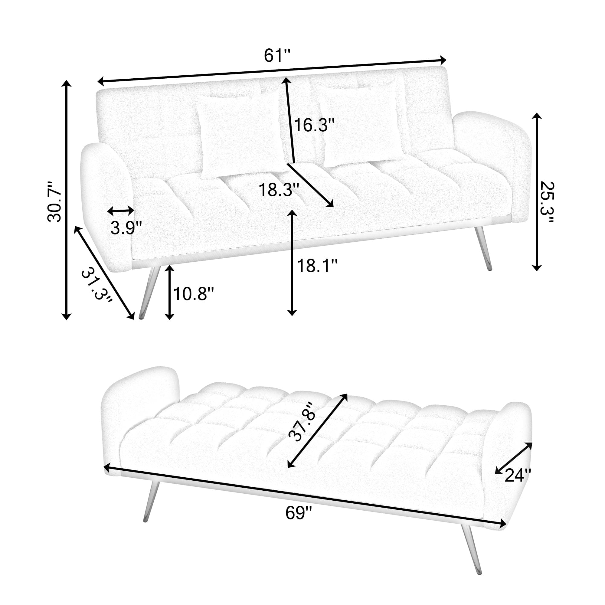 69-inch beige sofa bed with adjustable sofa teddy fleece 2 throw pillows