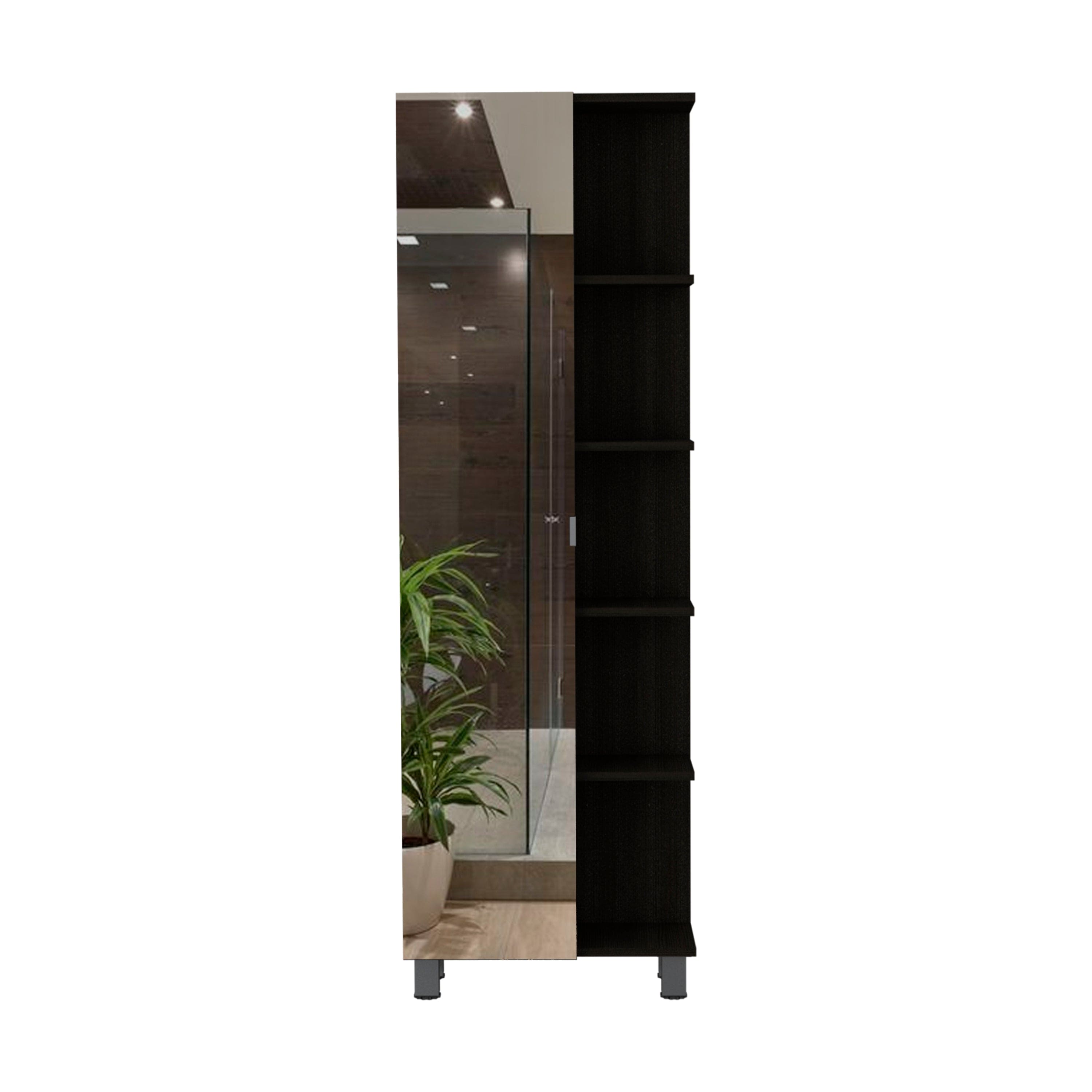 Mirror Linen Cabinet Reno,Four Interior Shelves, Black Wengue Finish