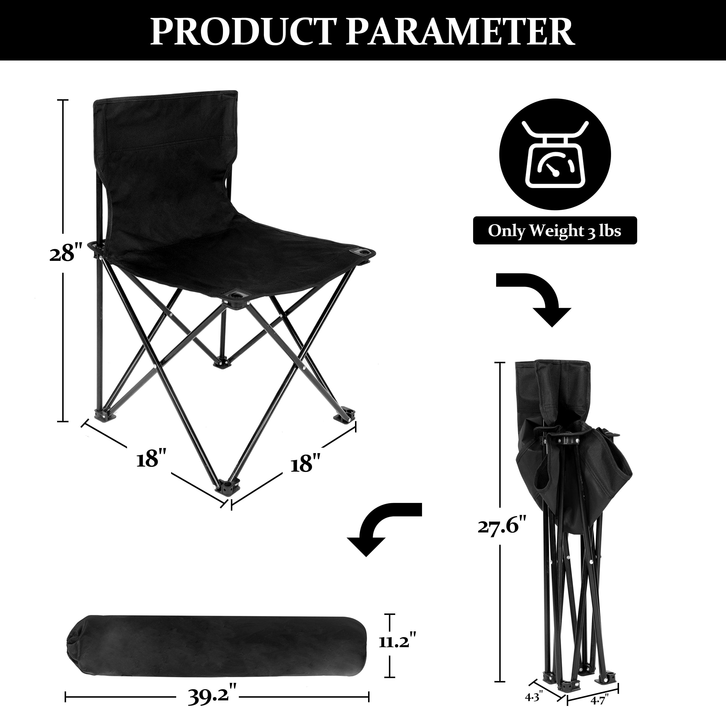 YSSOA Portable Folding Camping Chair with Carry Bag for Adults, Collapsible Anti-Slip Padded Oxford Cloth Stool for Beach, Hiking, Fishing, Gardening, Picnic Color: Black, Size: Large