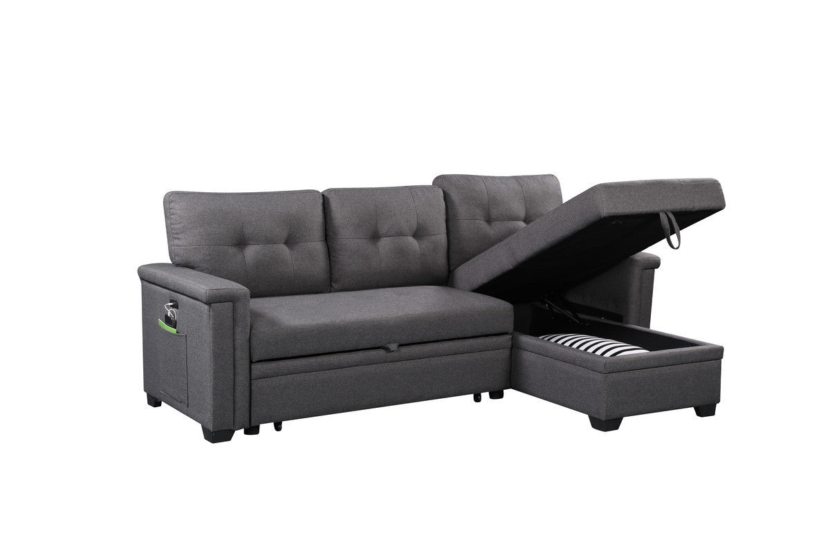 Ashlyn Dark Gray Reversible Sleeper Sectional Sofa with Storage Chaise, USB Charging Ports and Pocket