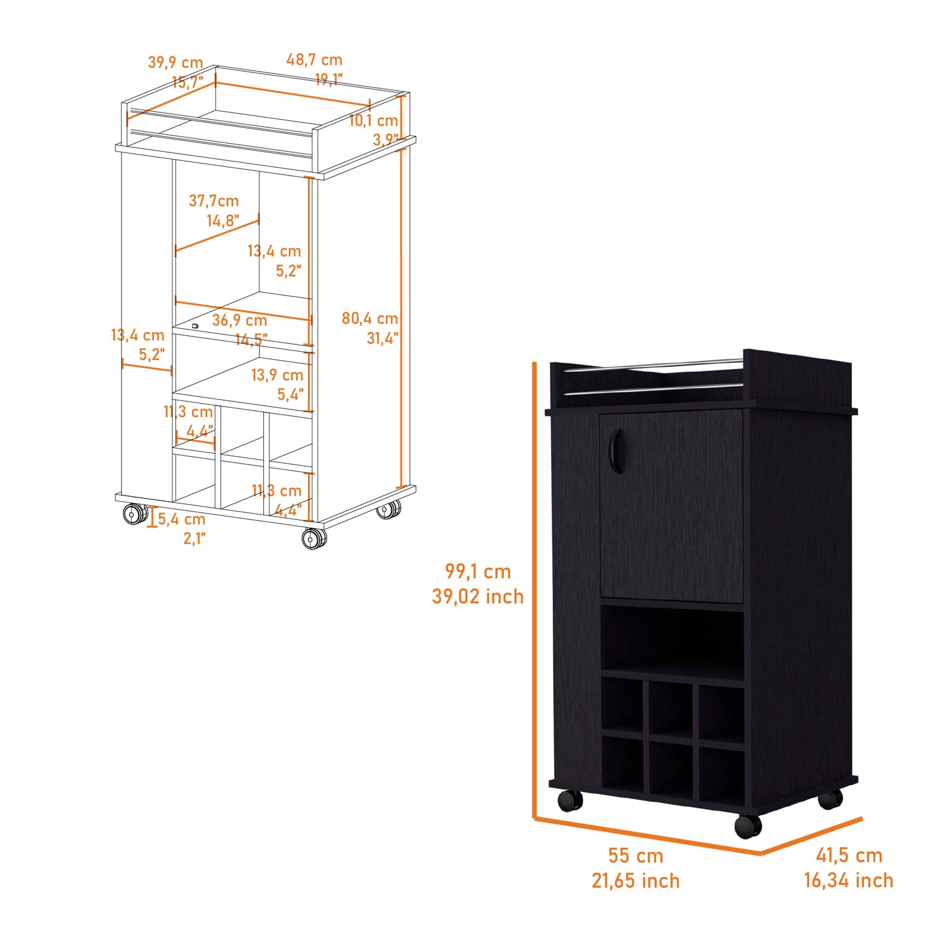 Allandale 1-Door Bar Cart with Wine Rack and Casters Black