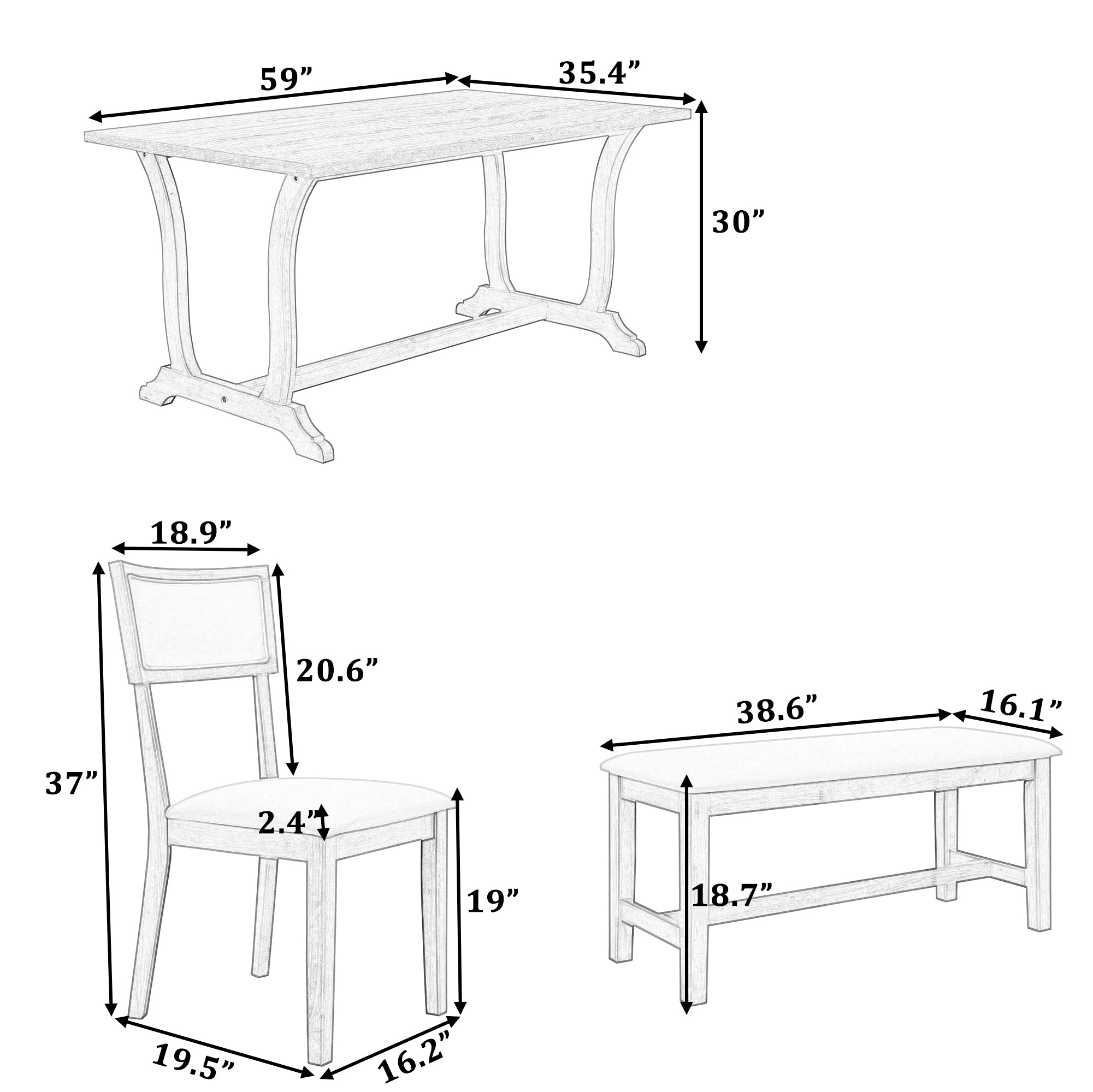 TOPMAX Farmhouse 6-Piece Trestle Dining Table Set with Upholstered Dining Chairs and Bench, 59inch, White