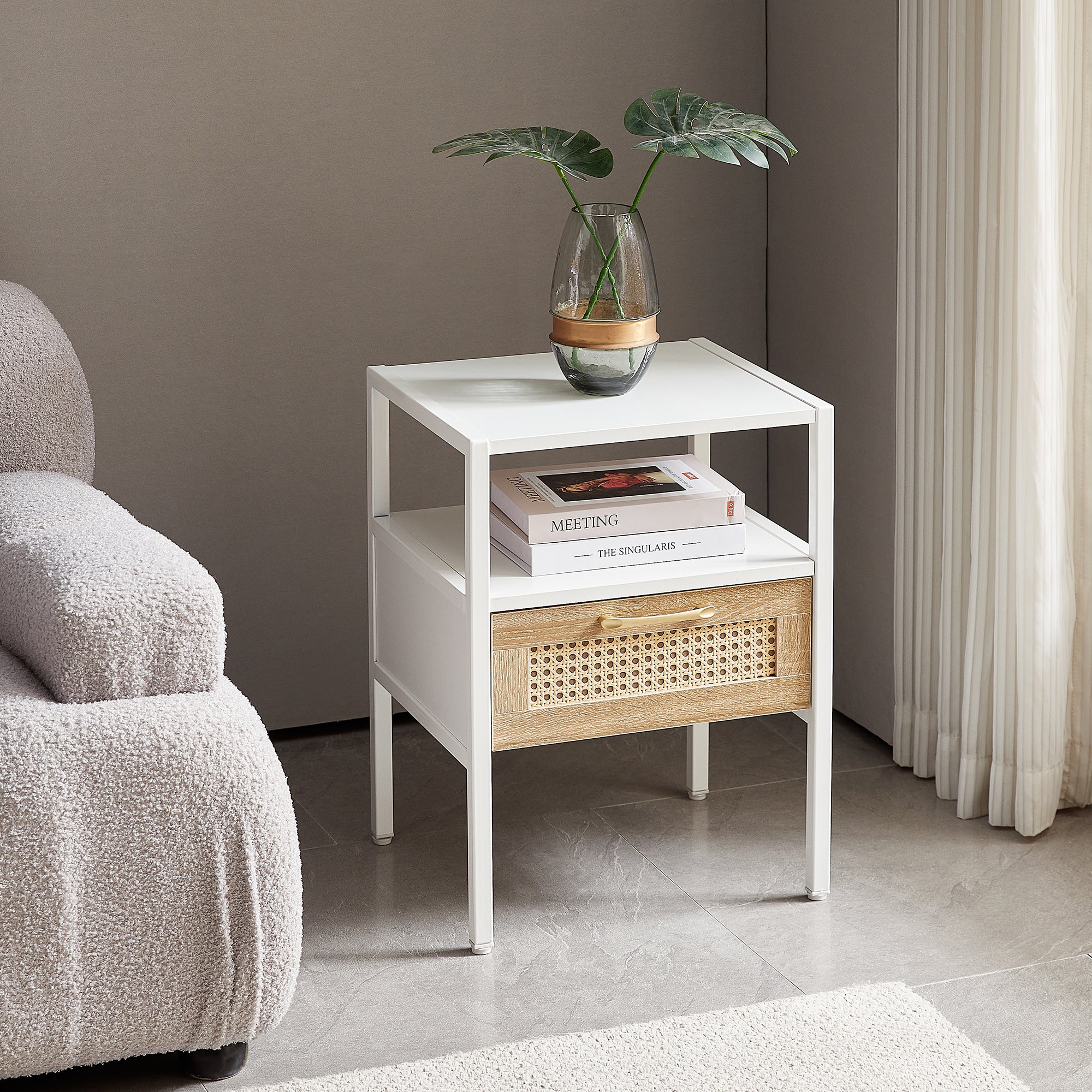 Set of 2, 15.75" Rattan End table with  drawer, Modern nightstand, metal legs,side table for living room, bedroom,white