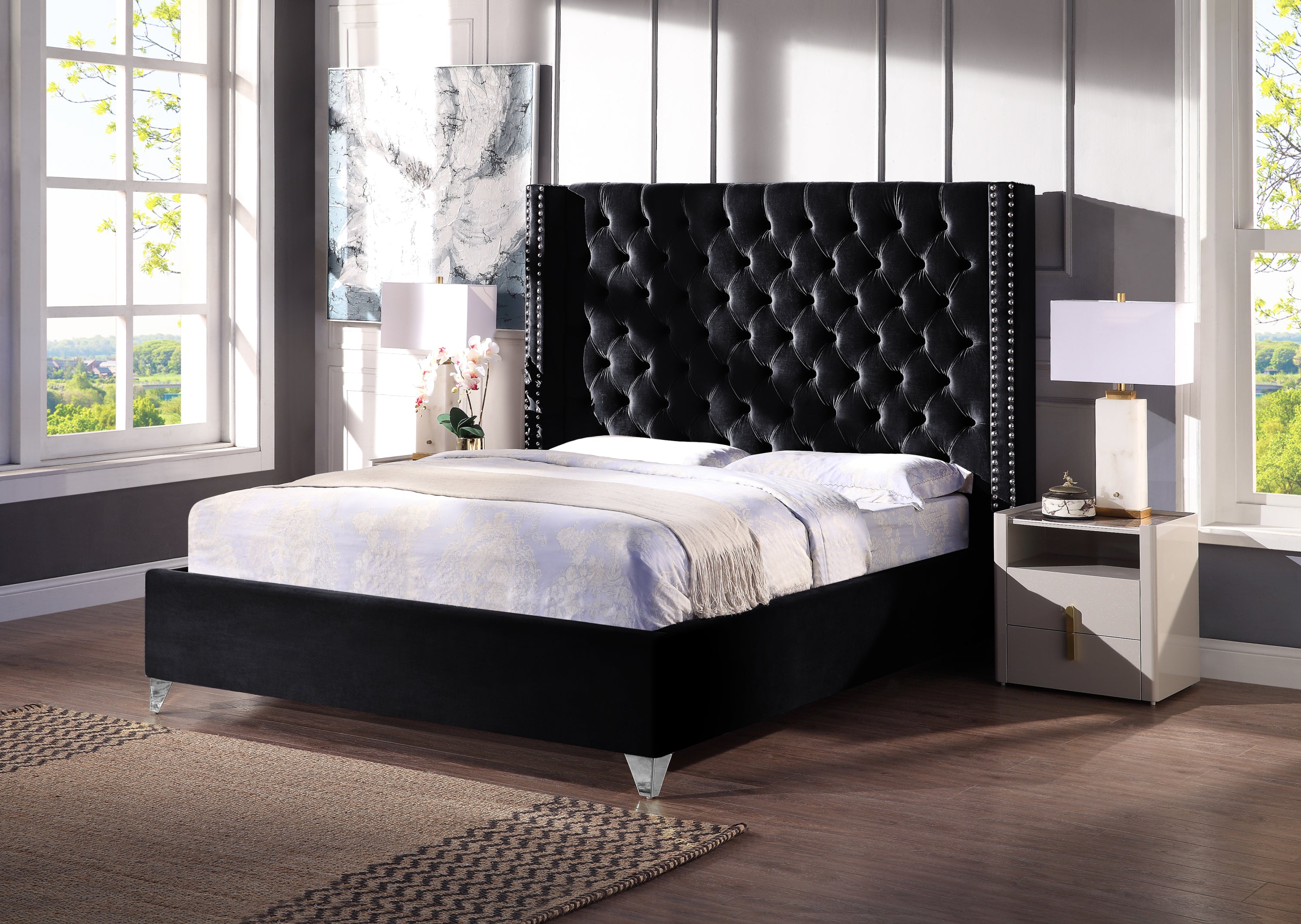 Contemporary Velvet Upholstered Bed with Deep Button Tufting, Solid Wood Frame, High-density Foam, Silver Metal Leg, King Size