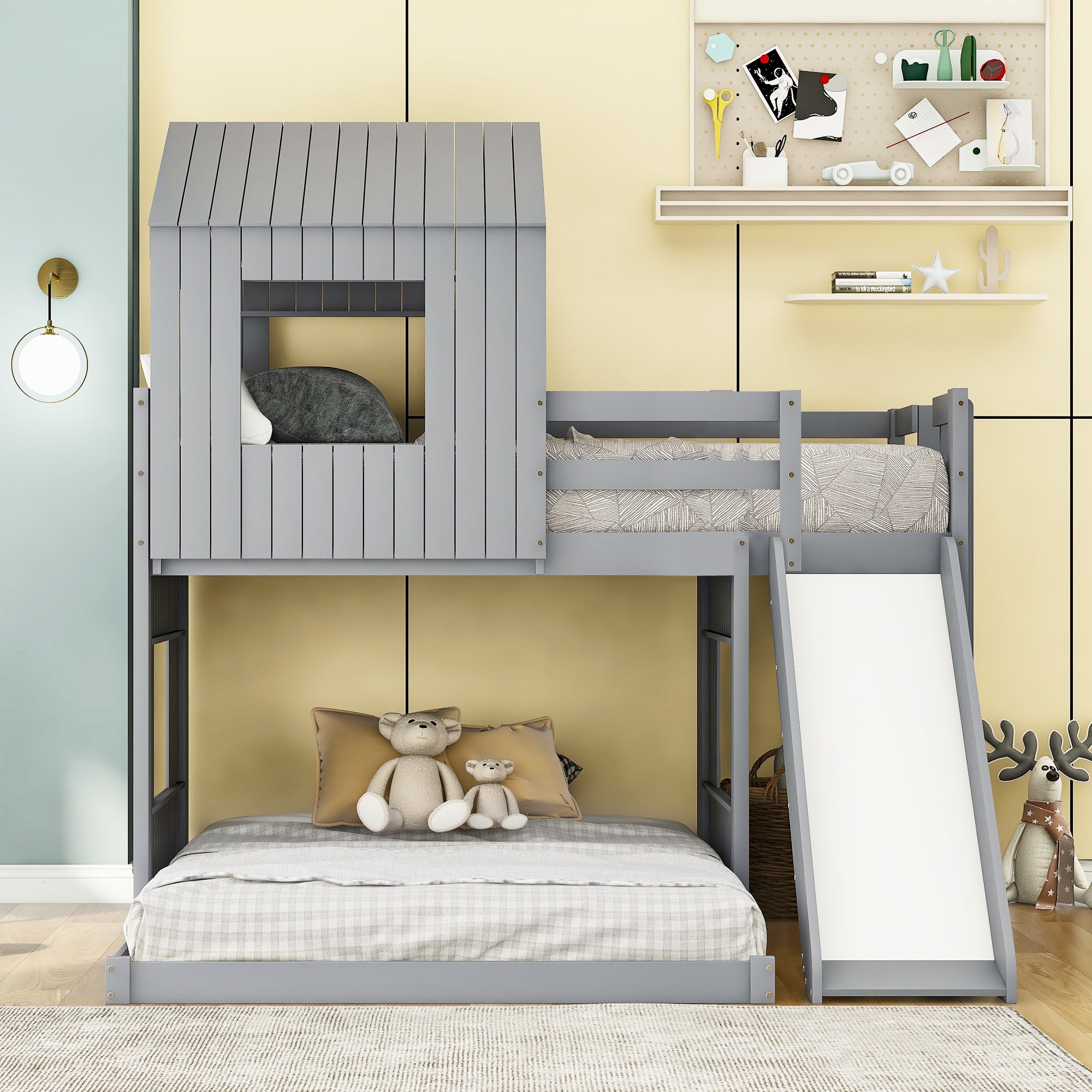 Wooden Twin Over Full Bunk Bed, Loft Bed with Playhouse, Farmhouse, Ladder, Slide and Guardrails, Gray(OLD SKU :LT000028AAN)