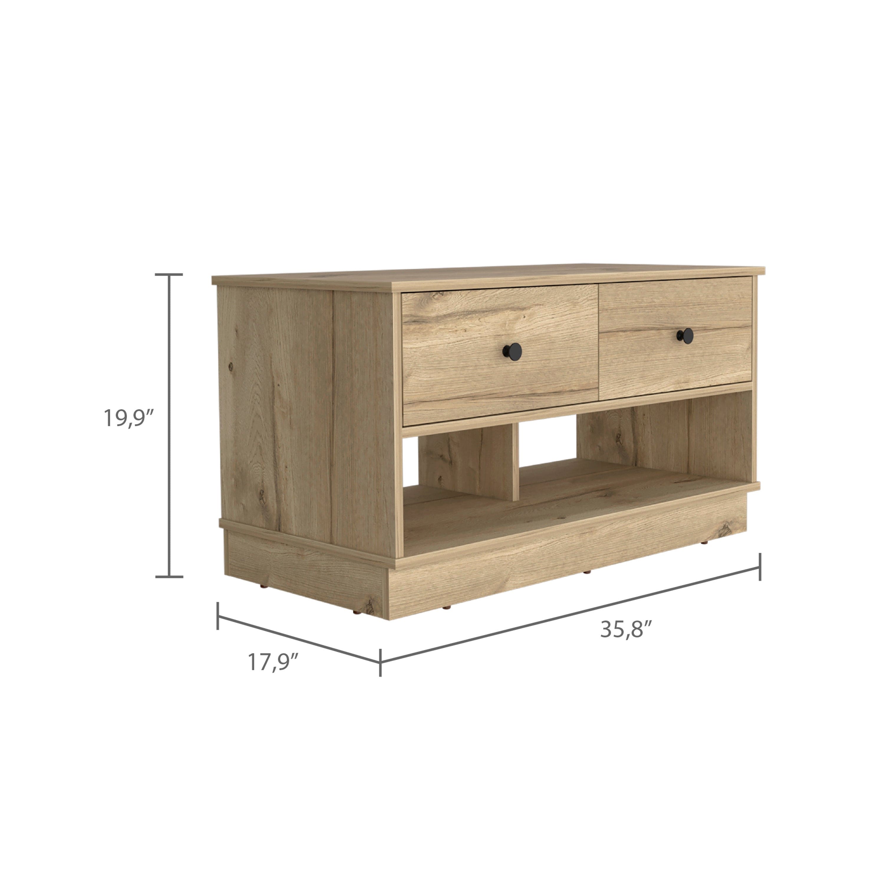 Storage Bench Beji, Lower Shelf, Two Drawers, Light Oak Finish