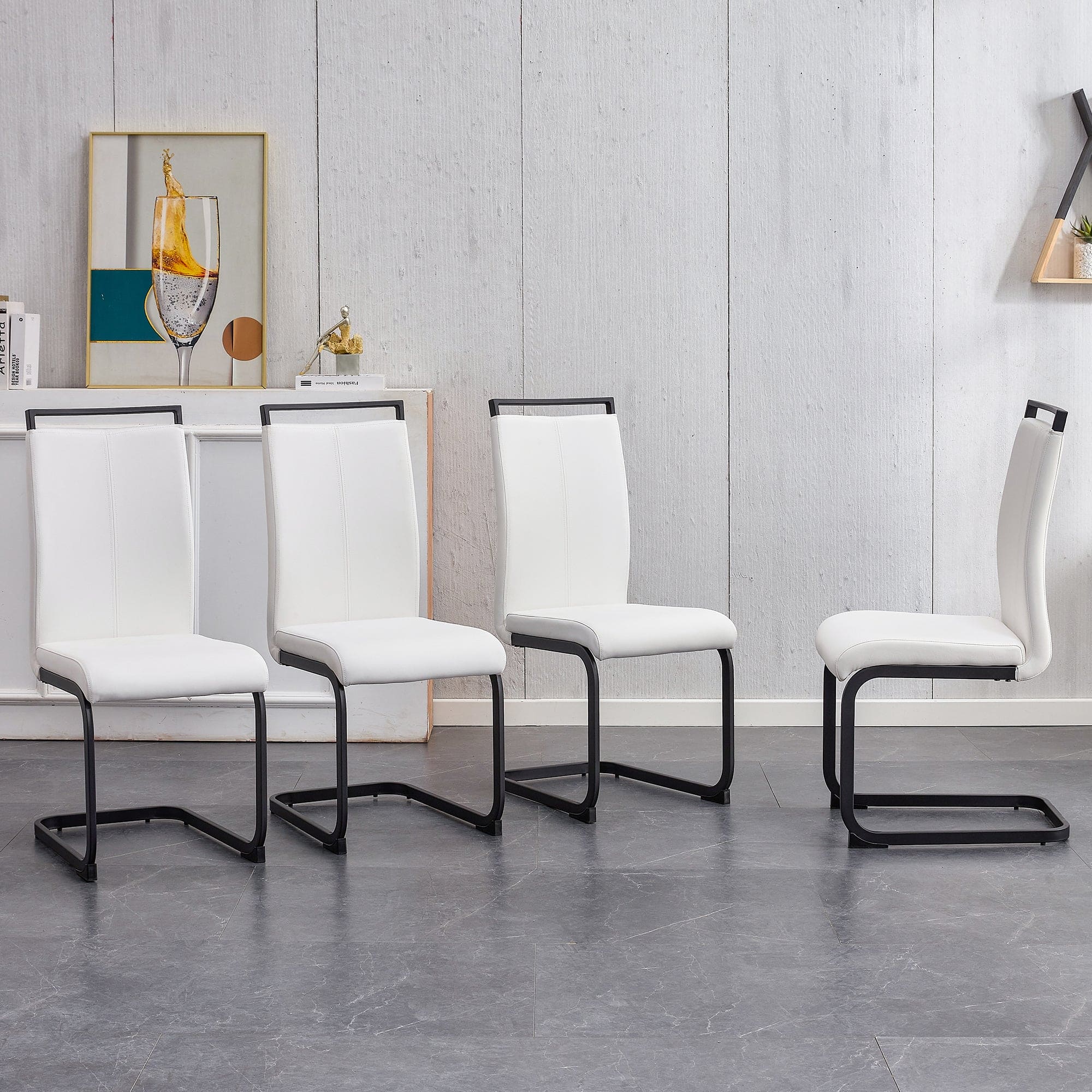 Table and chair set. A white imitation marble desktop with MDF legs and gold metal decorative strips. Paired with 4 dining chairs with white backrest and black metal legs.F-HH C-1162