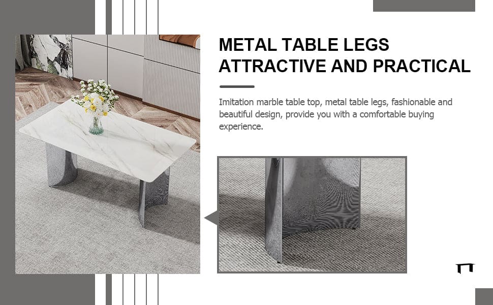 Modern minimalist dining table. White imitation marble glass sticker desktop, stainless steel legs, stable and beautiful. Suitable for living room and dining room  63" *35.4" *29.5"   DT-69