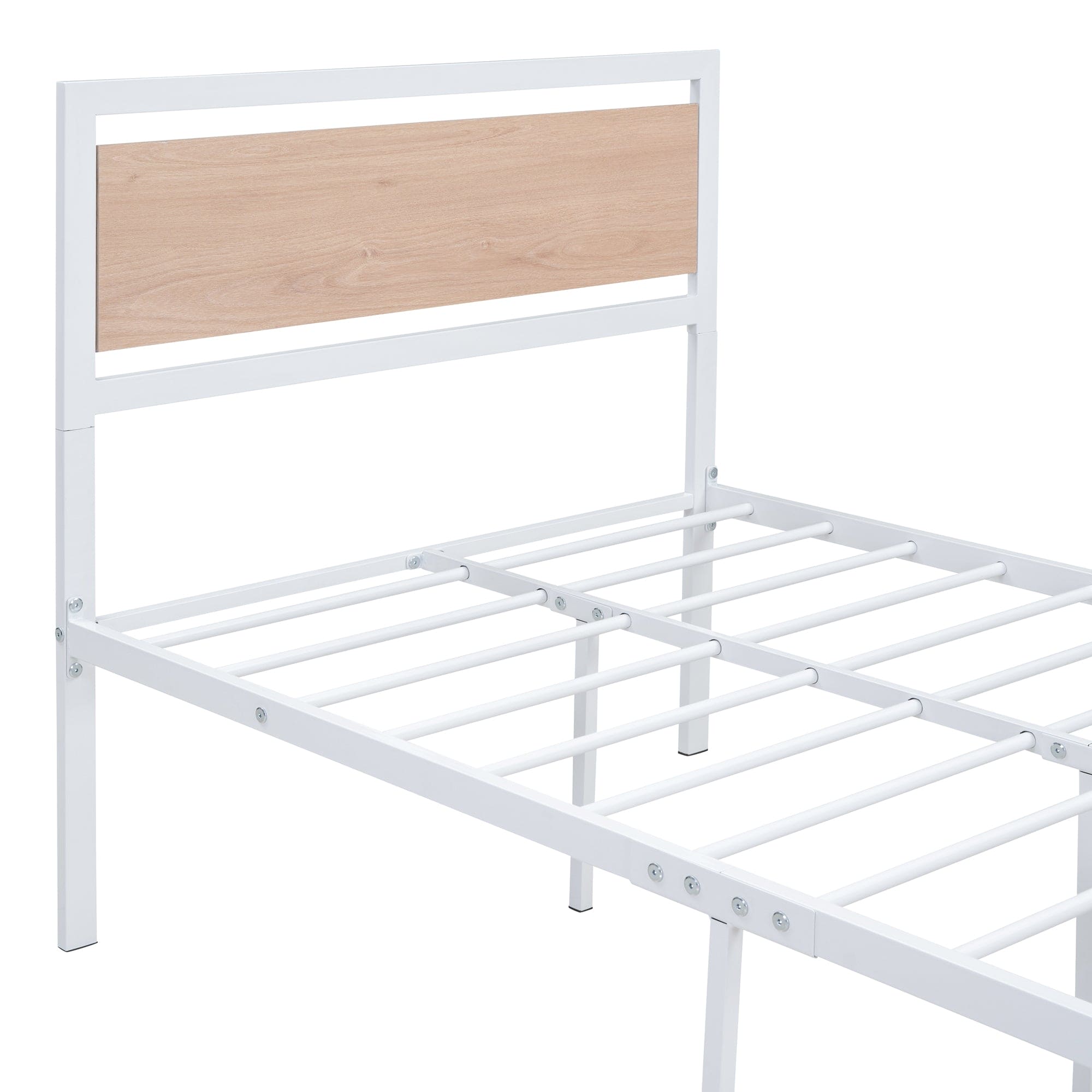 Twin Size Platform Bed, Metal and Wood Bed Frame with Headboard and Footboard , White