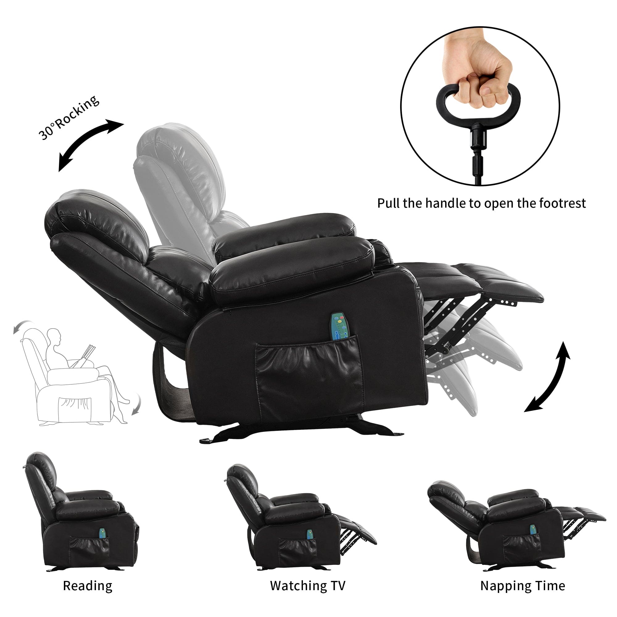 Vanbow.Recliner Chair Rocking Chairs for Adults Oversized with 2 Cup Holders, USB Charge Port Soft Features a Manual Massage and Heat.BLACK