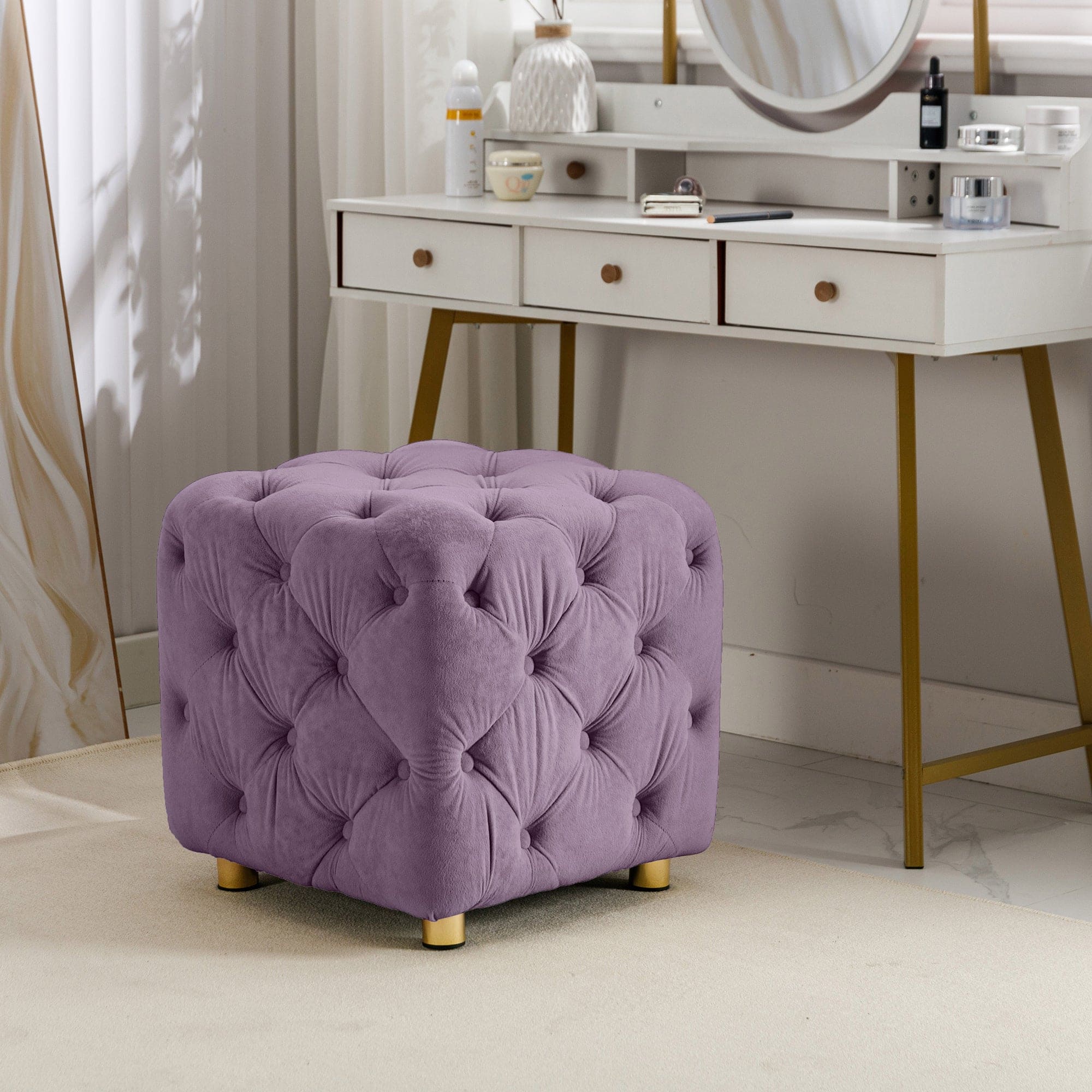 Purple Modern Velvet Upholstered Ottoman, Exquisite Small End Table, Soft Foot Stool,Dressing Makeup Chair, Comfortable Seat for Living Room, Bedroom, Entrance