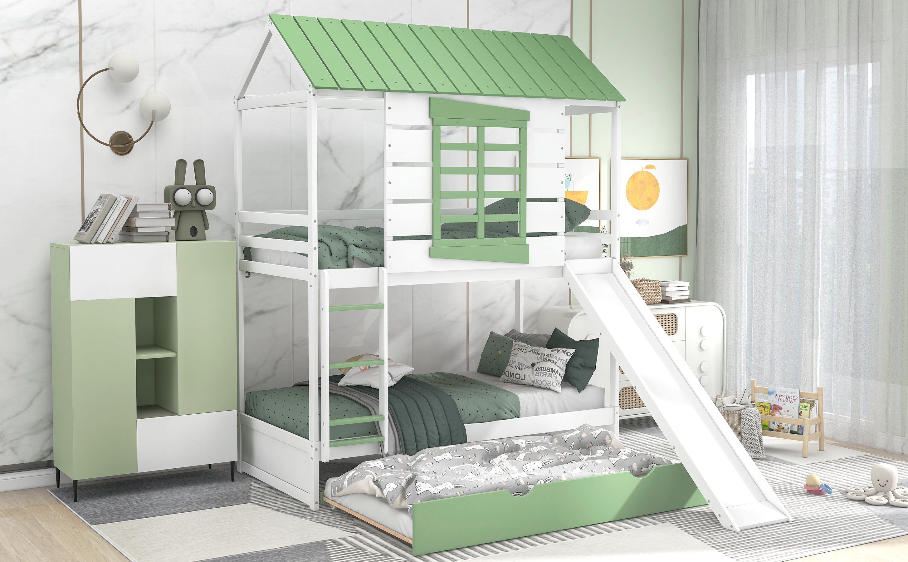 Twin over Twin Size House Bunk Bed with Convertible Slide and Trundle, White+Green