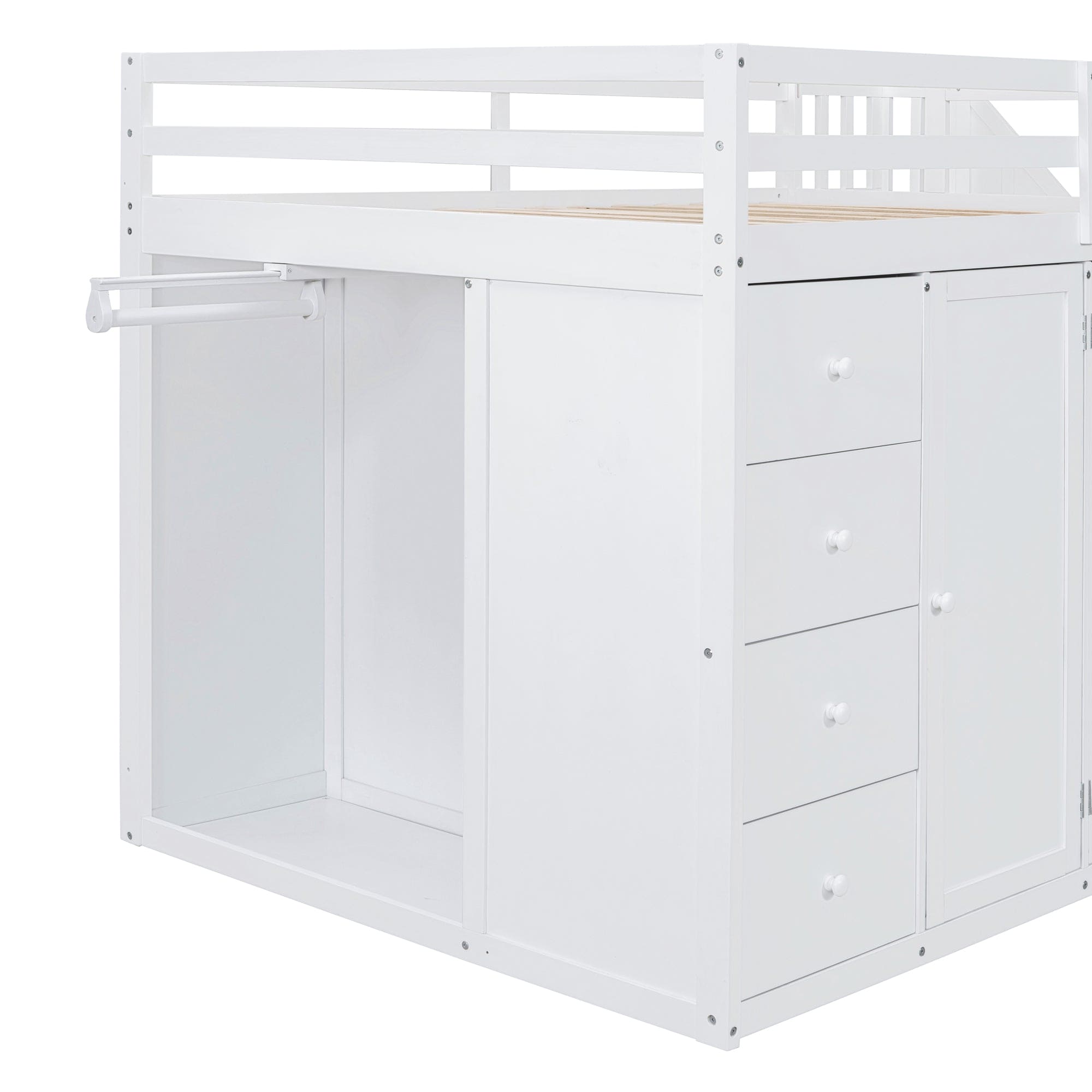 Full Size Wood Loft Bed With Built-in Wardrobes, Cabinets and Drawers, White