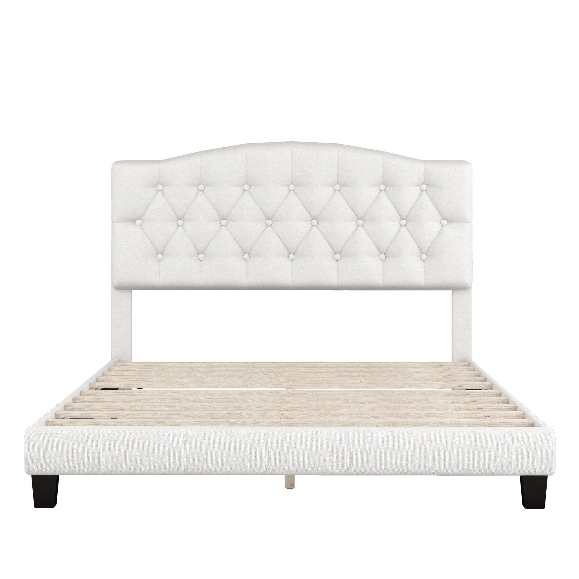 Upholstered Platform Bed with Saddle Curved Headboard and Diamond Tufted Details, Queen, Beige