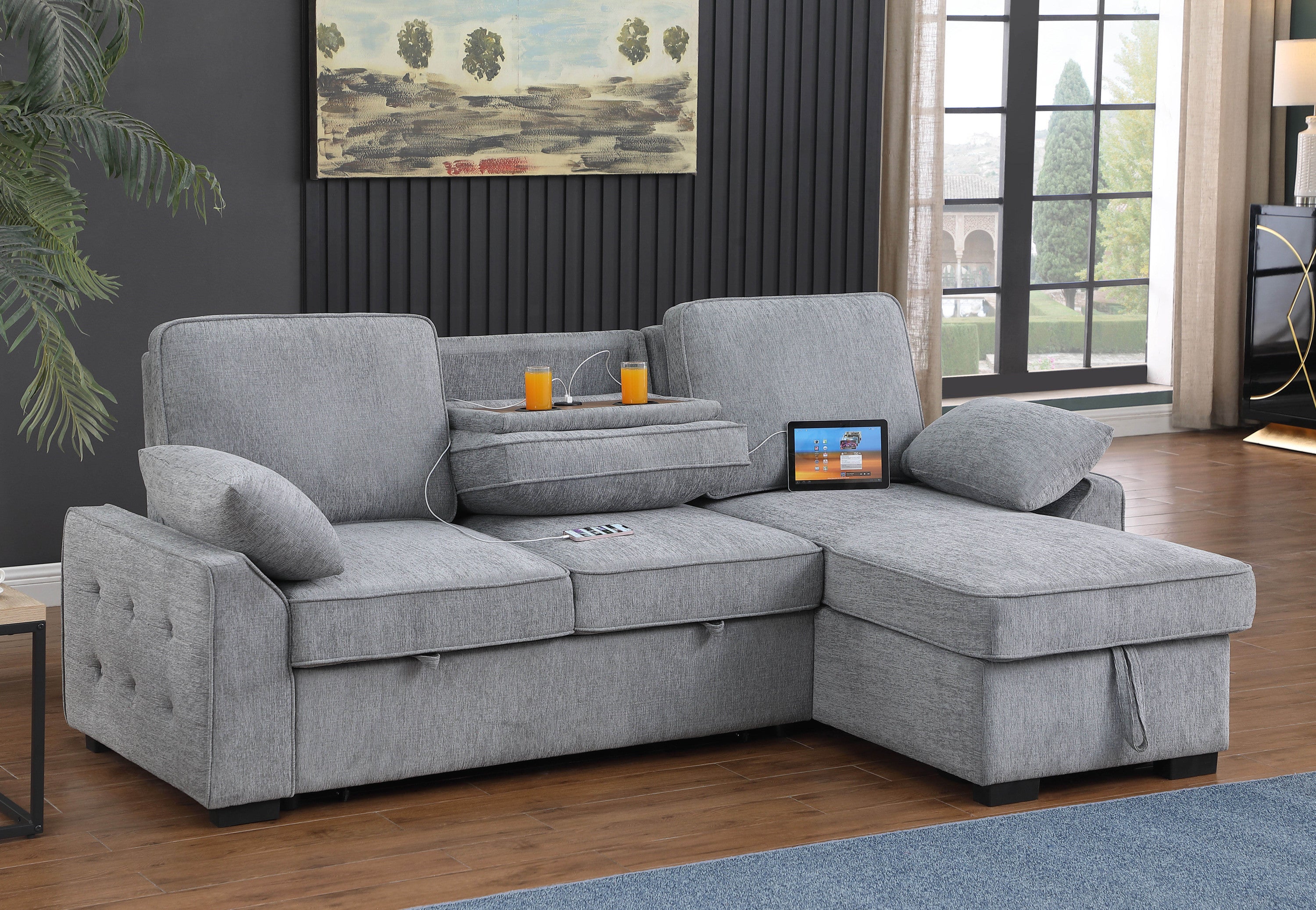 Mackenzie Light  Gray Chenille Fabric Reversible Sleeper Sectional with Storage Chaise, Drop-Down Table, Cup Holders and Charging Ports