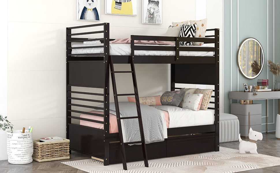 Twin over Twin Wood Bunk Bed with Two Drawers - Espresso·