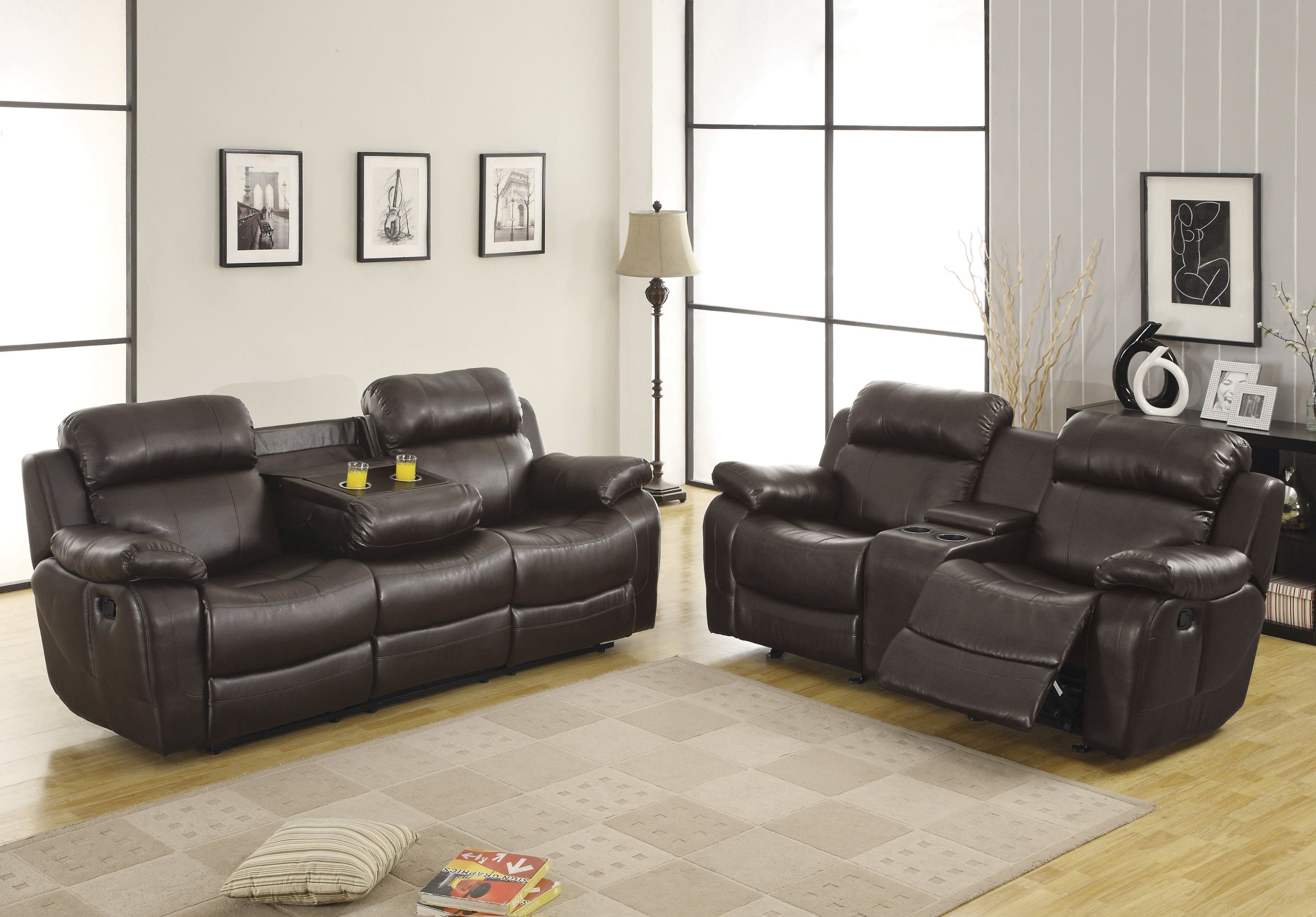 Double Glider Reclining Love Seat with Center Console Brown Faux Leather Upholstered Contemporary Living Room Furniture