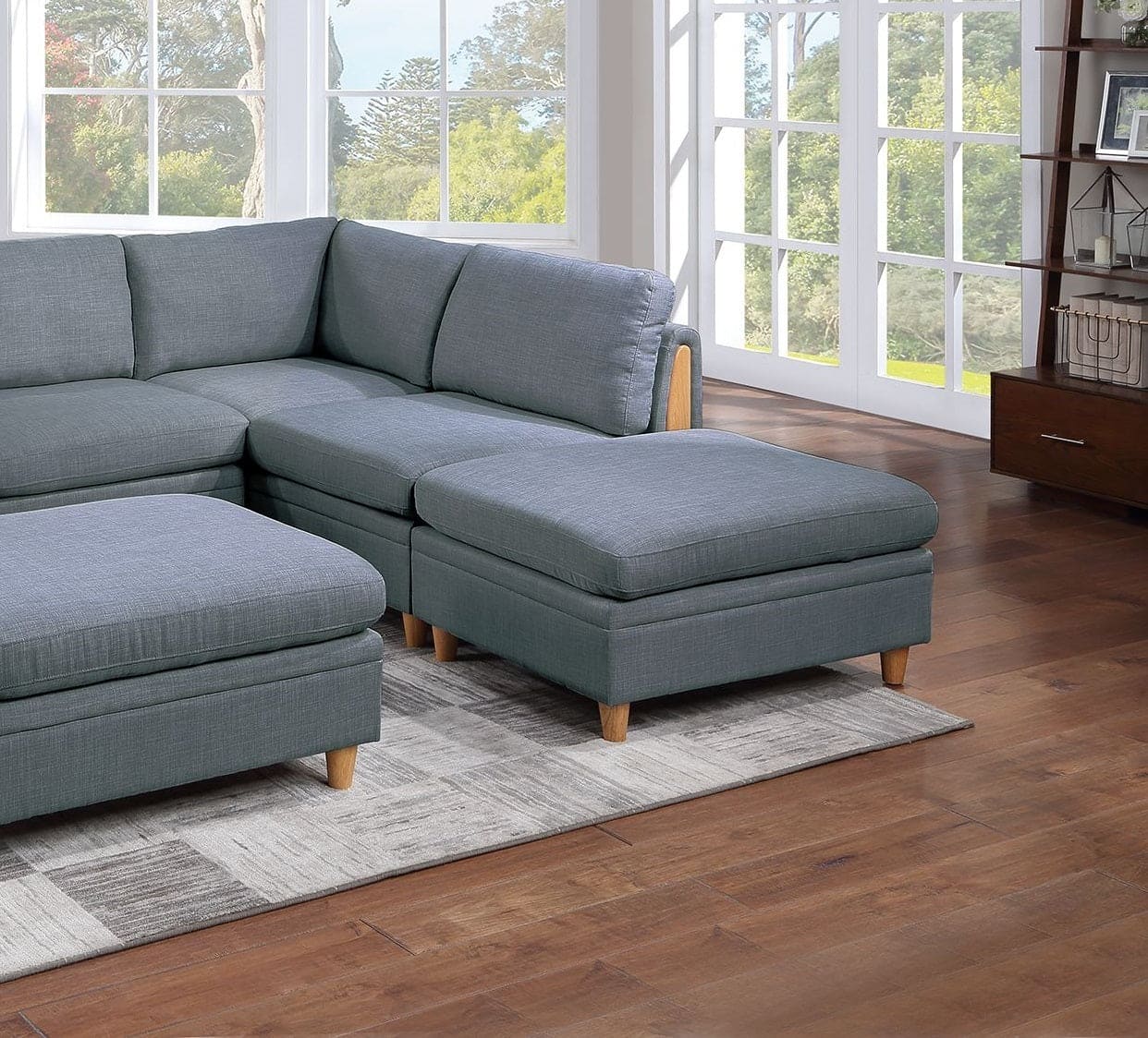 Contemporary Living Room Furniture 6pc Modular Sectional Set Steel Dorris Fabric Couch 2x Wedges 2x Armless Chair And 2x Ottomans