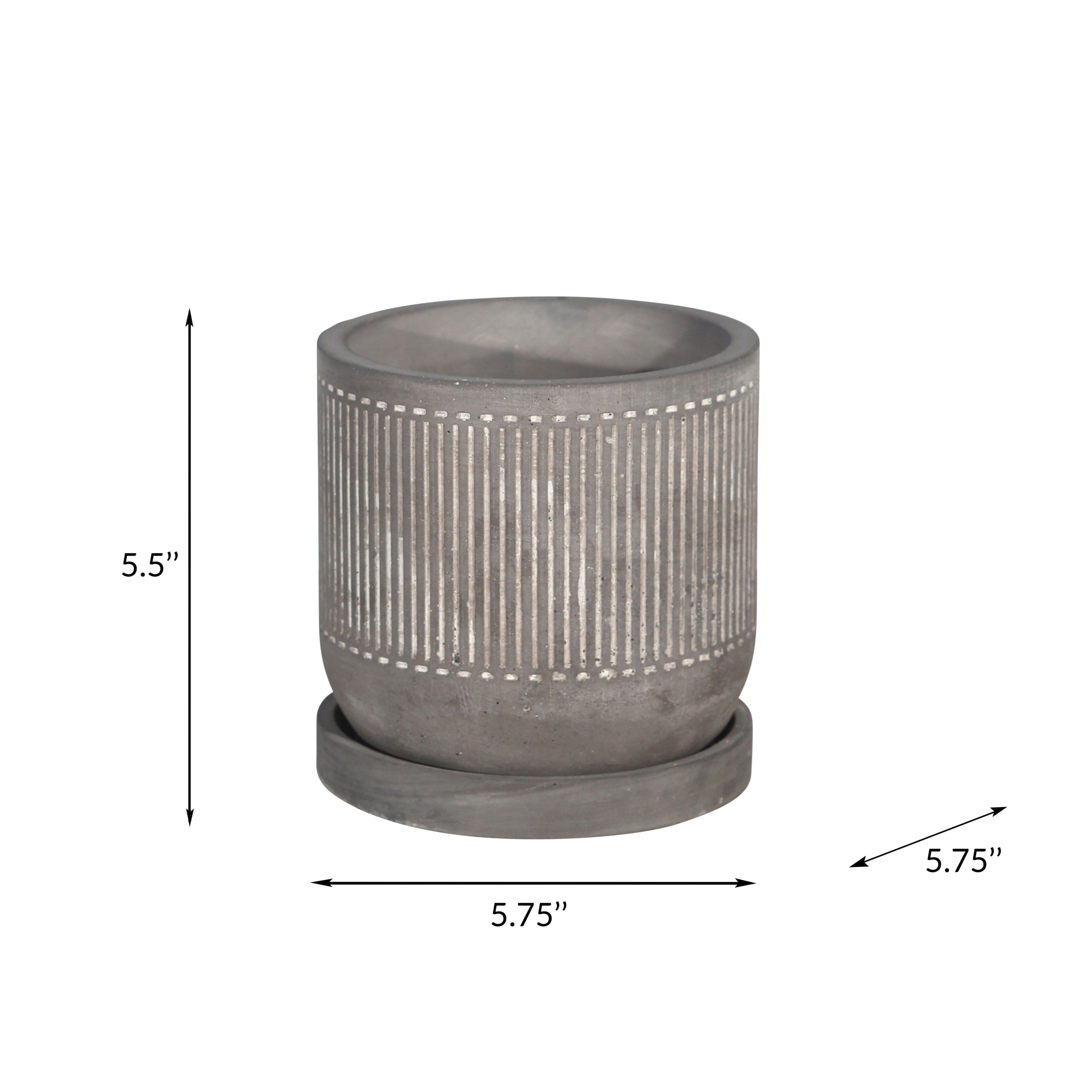 6" LINE PATTERN PLANTER W/ SAUCER, GRAY