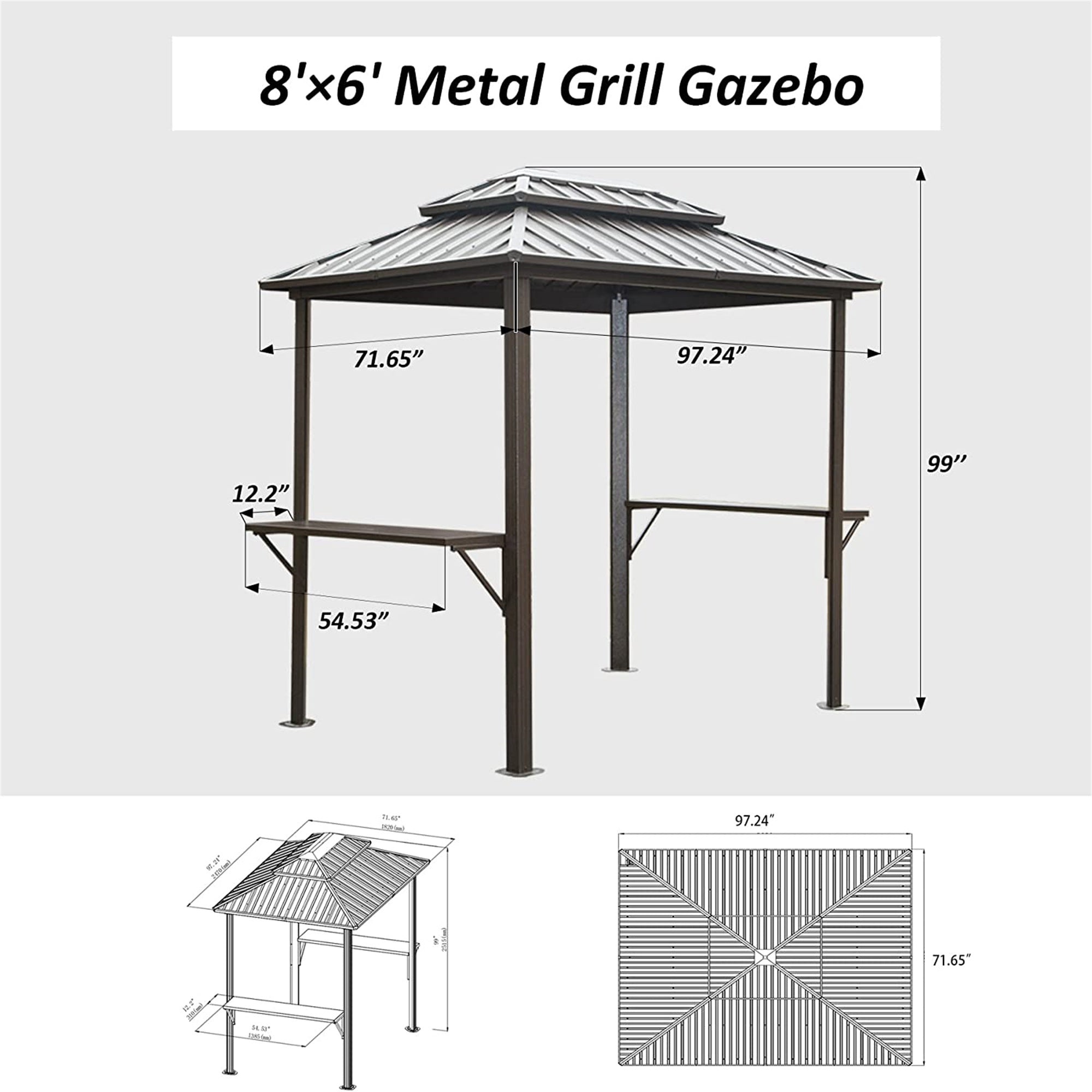 Grill Gazebo 8' × 6', Aluminum BBQ Gazebo Outdoor Metal Frame with Shelves Serving Tables, Permanent Double Roof Hard top Gazebos for Patio Lawn Deck Backyard and Garden (Brown)