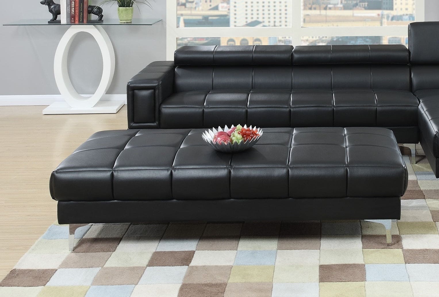 Black Bonded Leather Extra large Ottoman Metal Legs 1pc Ottoman