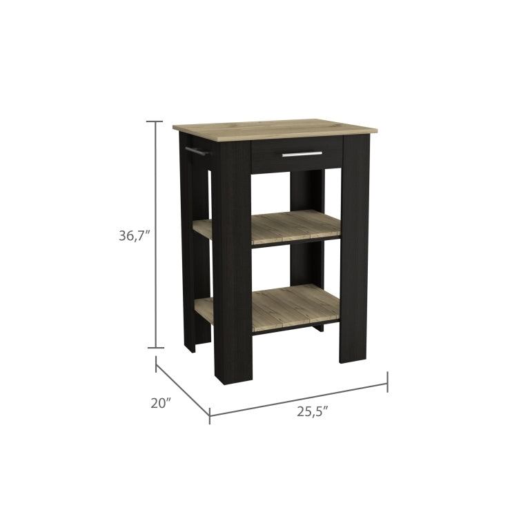 Kitchen Island 23 Inches Dozza with Single Drawer and Two-Tier Shelves, Black Wengue / Light Oak Finish