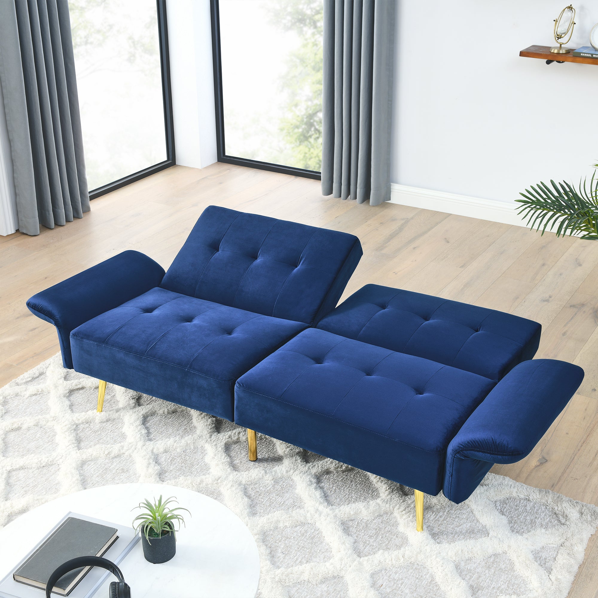 78" Italian Velvet Futon Sofa Bed, Convertible Sleeper Loveseat Couch with Folded Armrests and Storage Bags for Living Room and Small Space, Navy 280g velvet